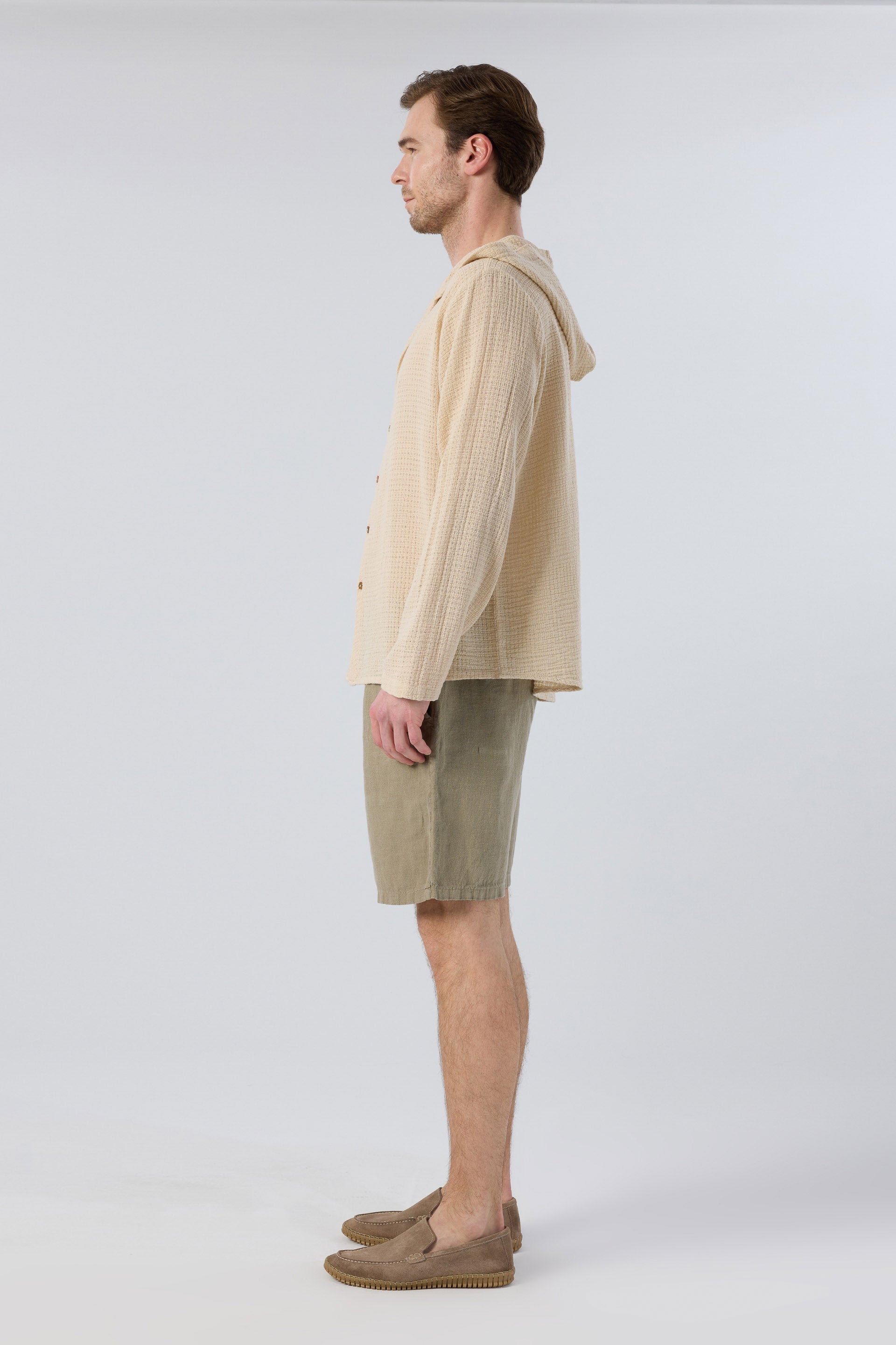 Rahat Kesim Cepli Zeytin Yeşili Keten Erkek Şort Yandan #Renk_Olive