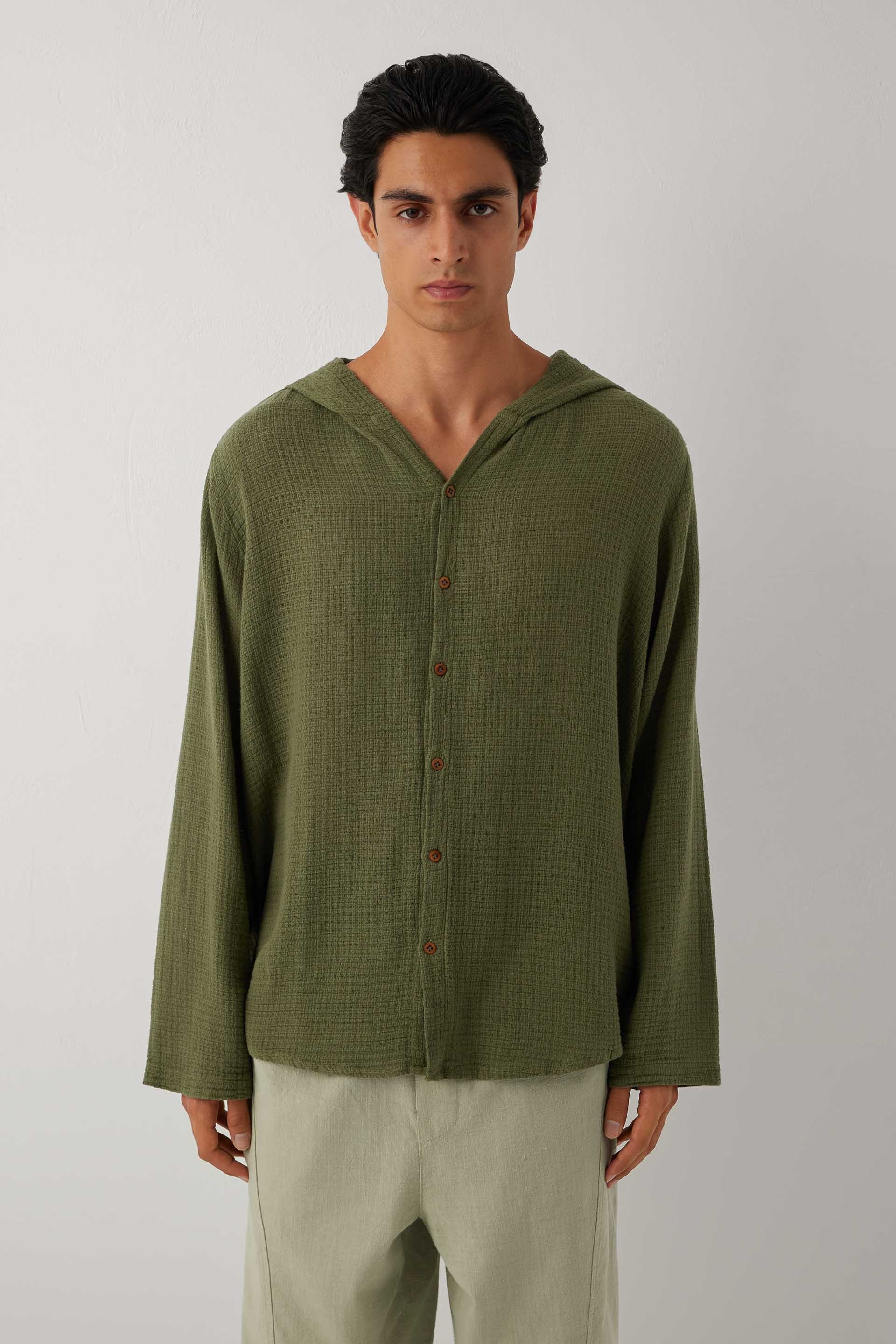 Ease Kapüşonlu Pamuklu Erkek Overshirt #renk_Haki
