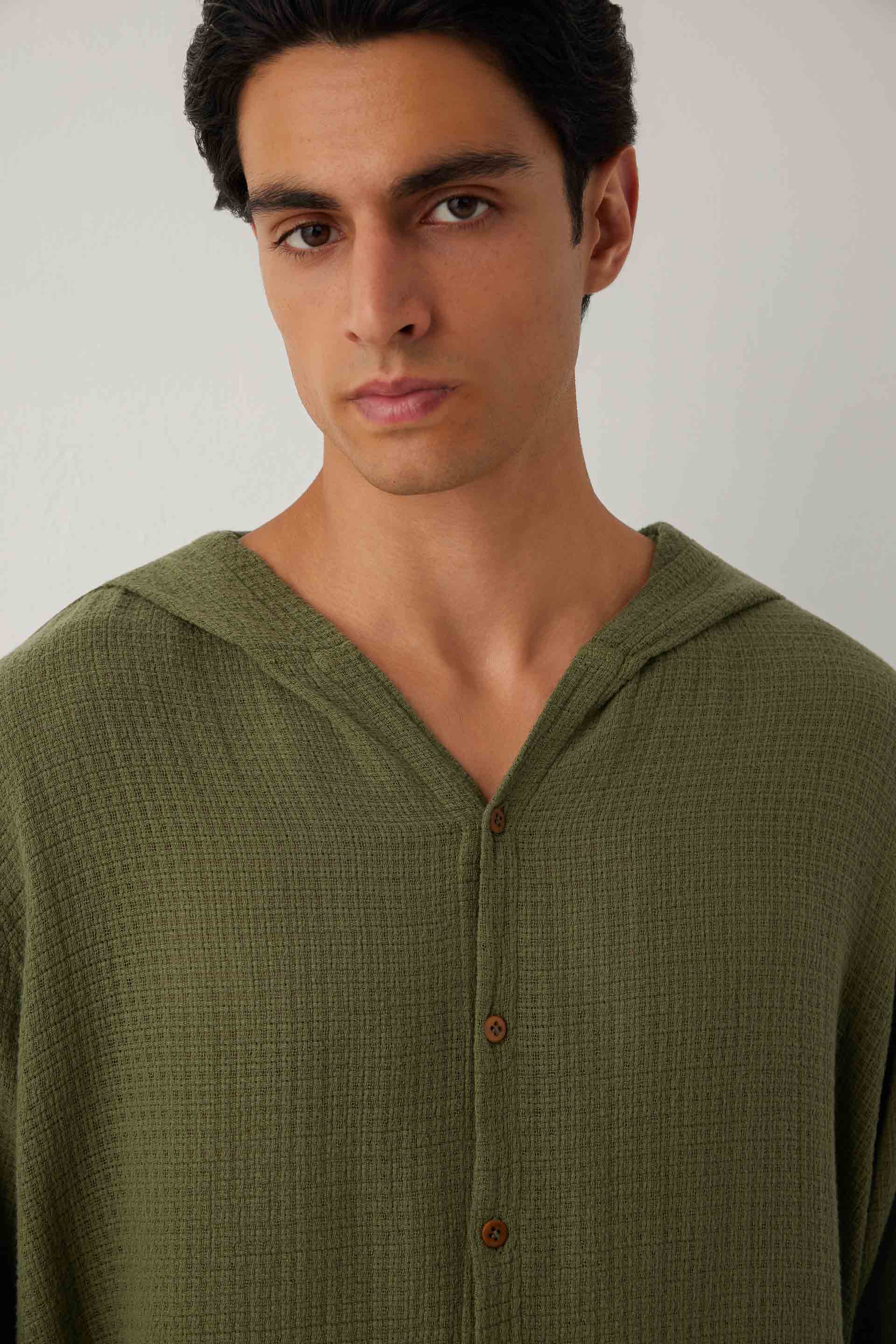 Ease Kapüşonlu Pamuklu Erkek Overshirt #renk_Haki