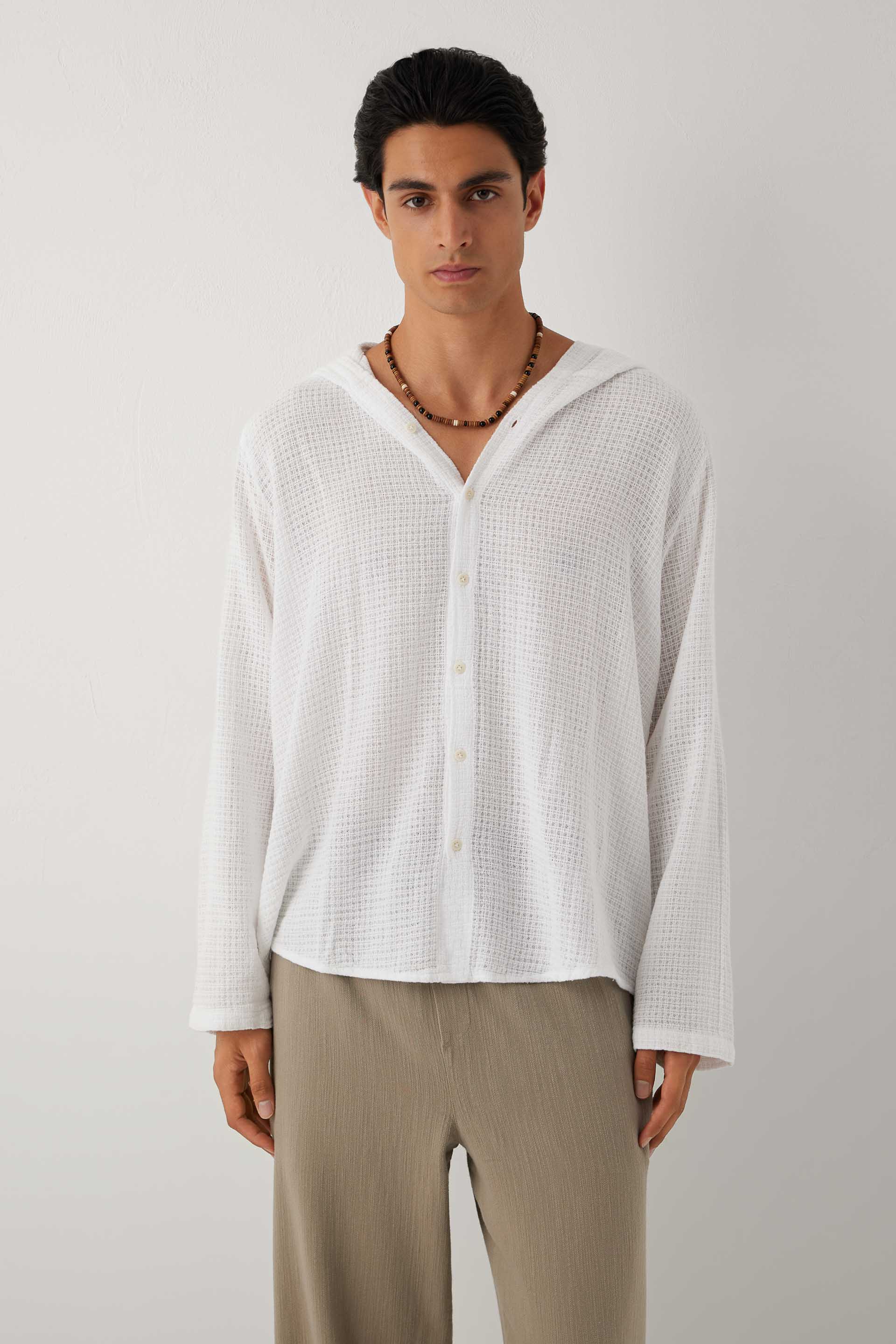 Ease Kapüşonlu Pamuklu Erkek Overshirt #renk_Beyaz