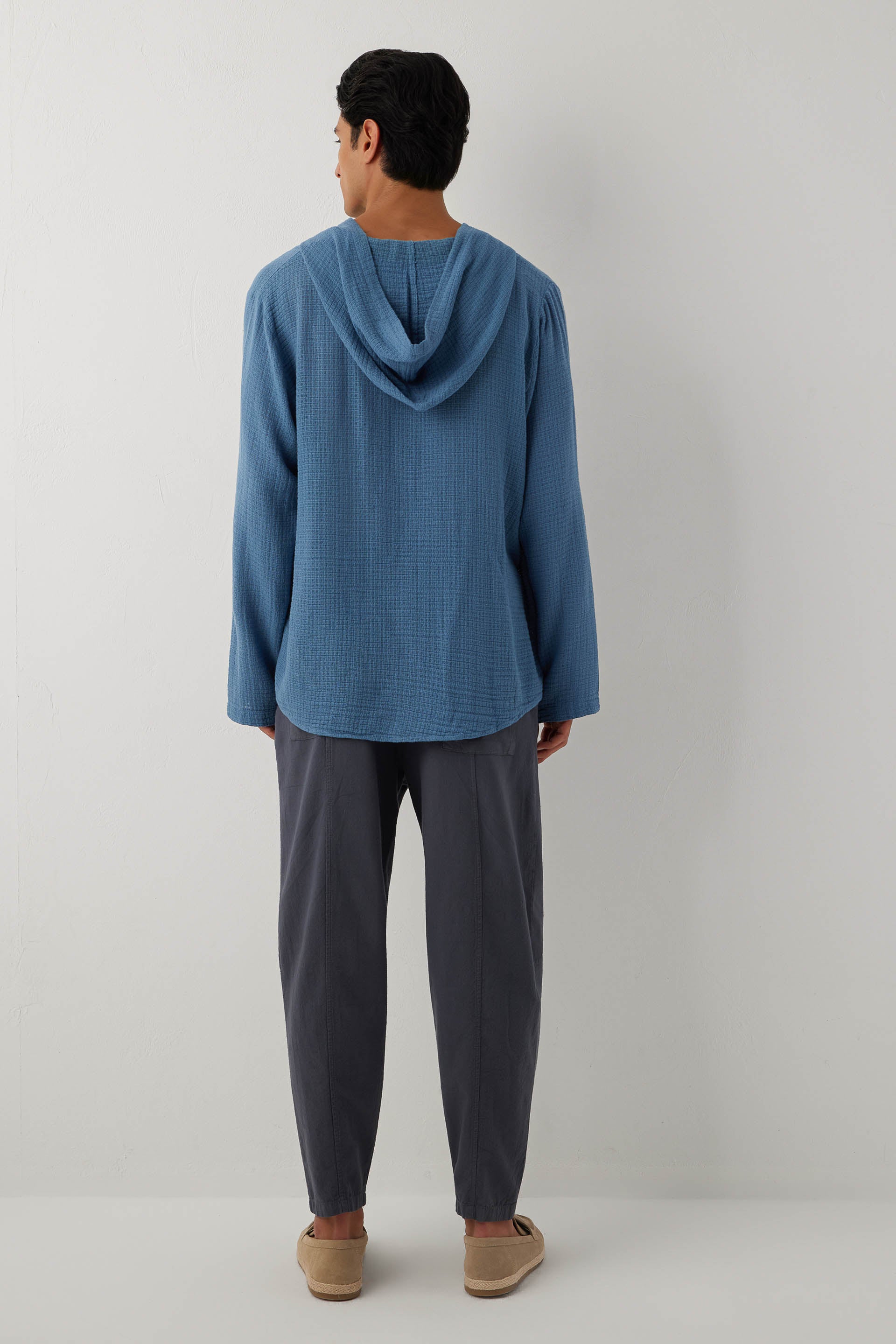 Ease Kapüşonlu Pamuklu Erkek Overshirt #renk_Indigo