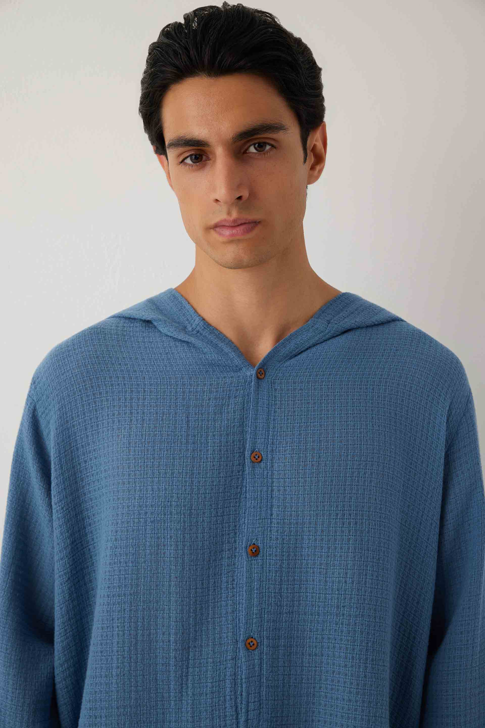 Ease Kapüşonlu Pamuklu Erkek Overshirt #renk_Indigo