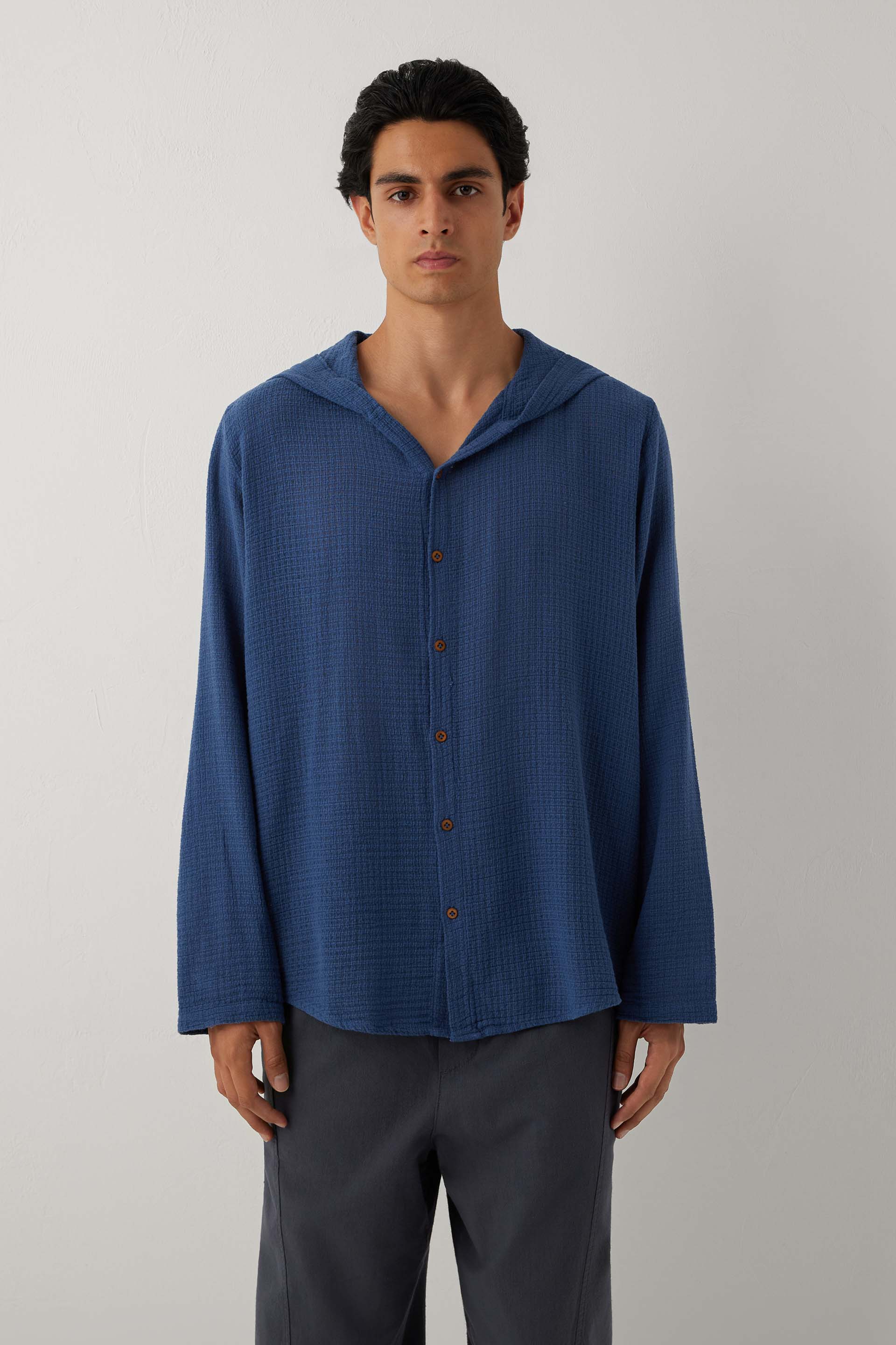 Ease Kapüşonlu Pamuklu Erkek Overshirt #renk_Navy