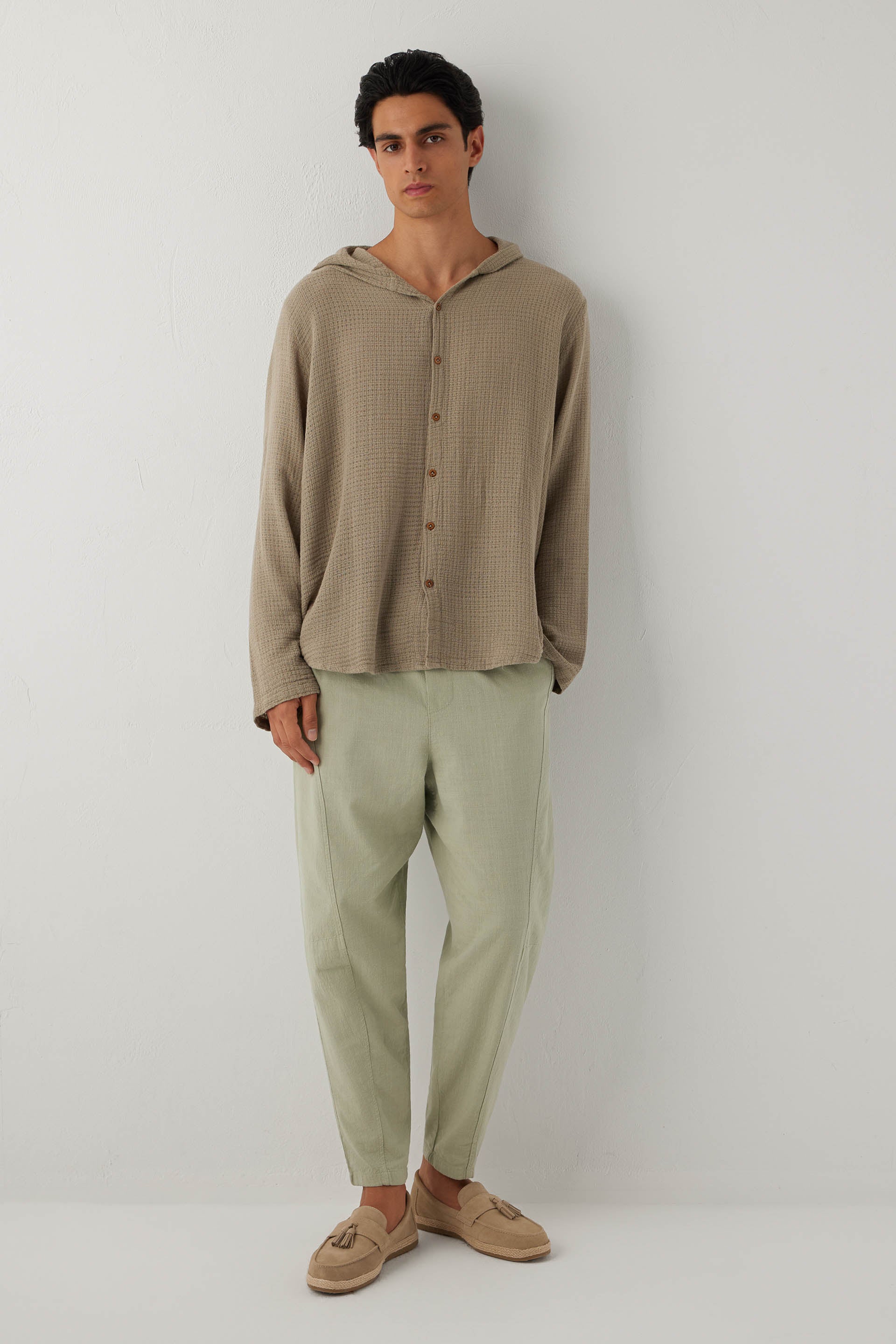 Ease Kapüşonlu Pamuklu Erkek Overshirt #renk_Olive
