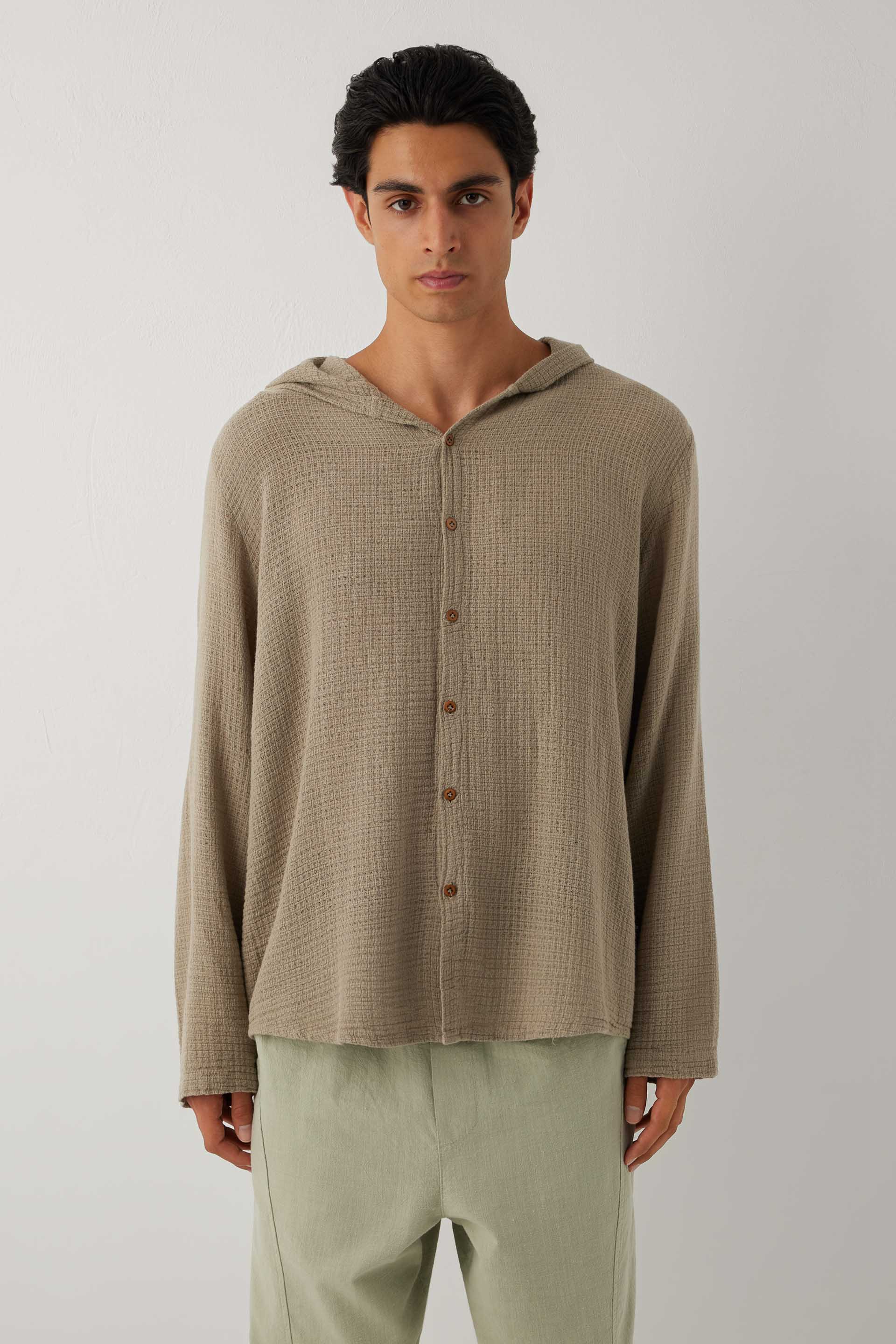 Ease Kapüşonlu Pamuklu Erkek Overshirt #renk_Olive
