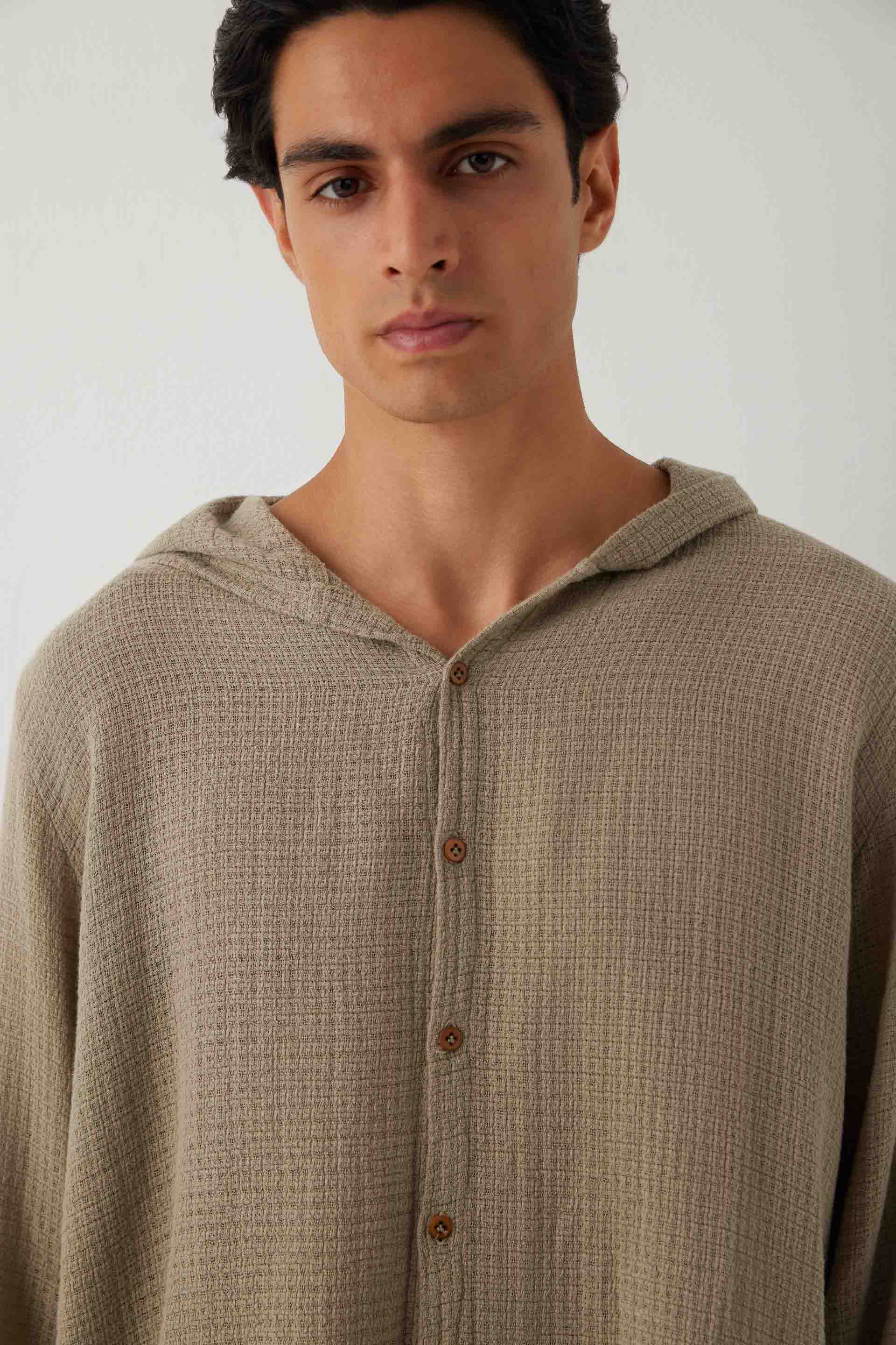 Ease Kapüşonlu Pamuklu Erkek Overshirt #renk_Olive