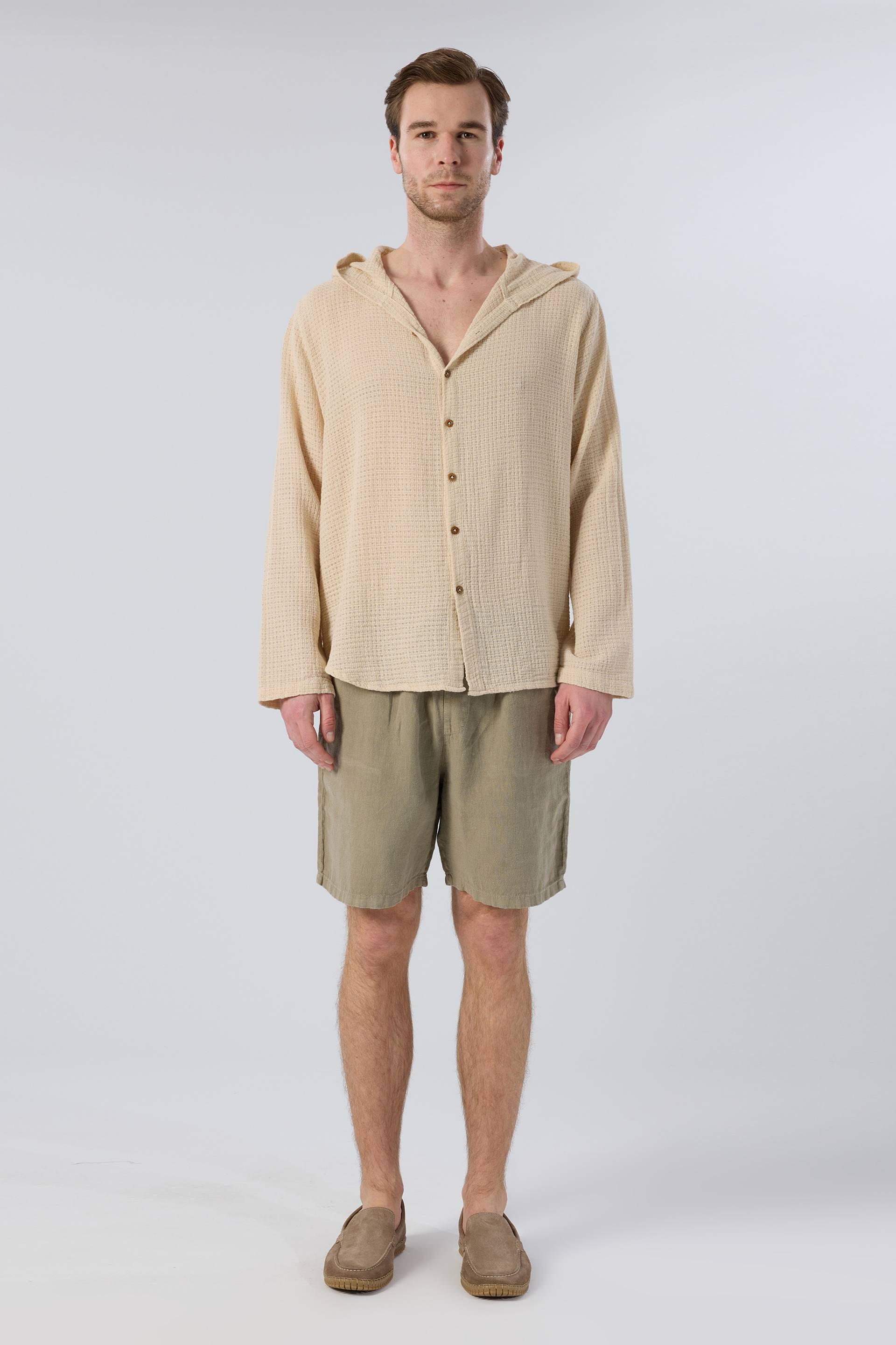 Ease Kapüşonlu Pamuklu Erkek Overshirt #renk_Bej
