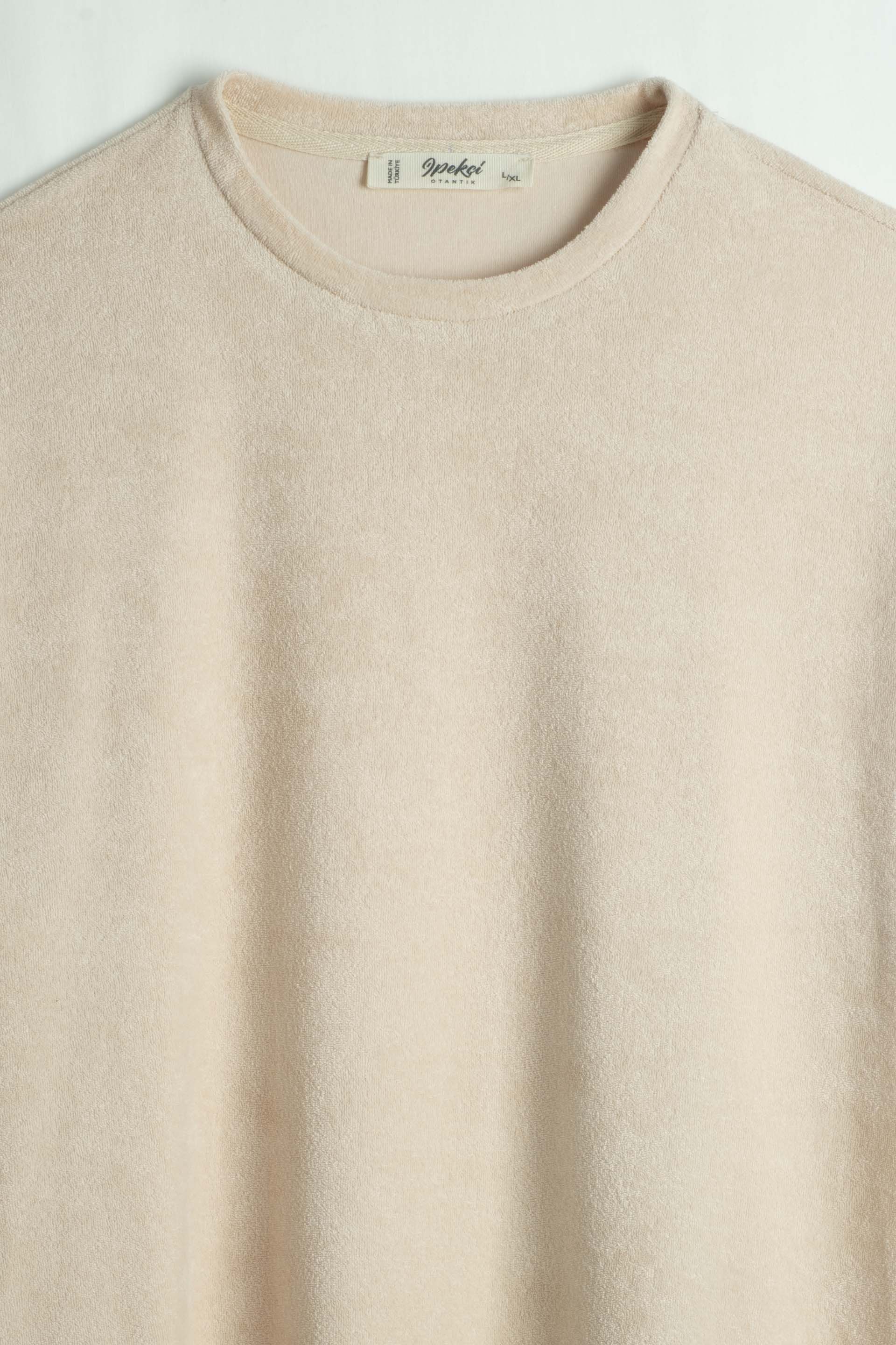 Terry Flow Cotton Yuvarlak Yaka Erkek Tişört #renk_Bej