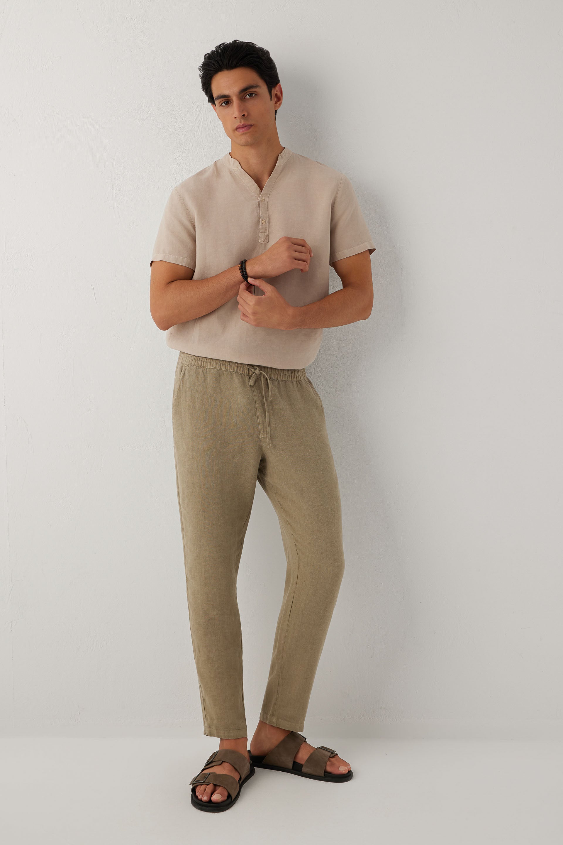 Rahat Kesim %100 Keten Erkek Pantolon #renk_Olive