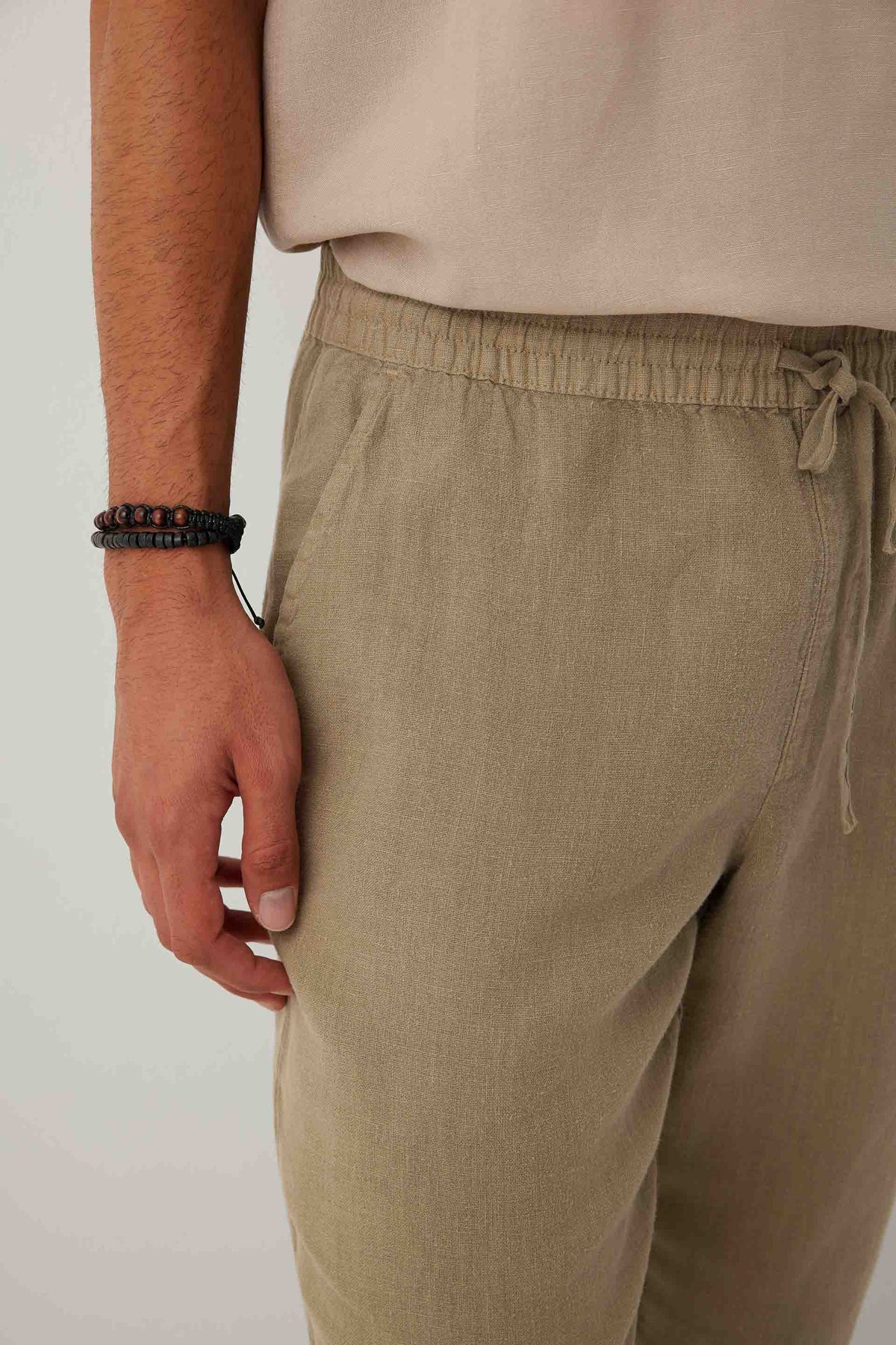 Rahat Kesim %100 Keten Erkek Pantolon #renk_Olive