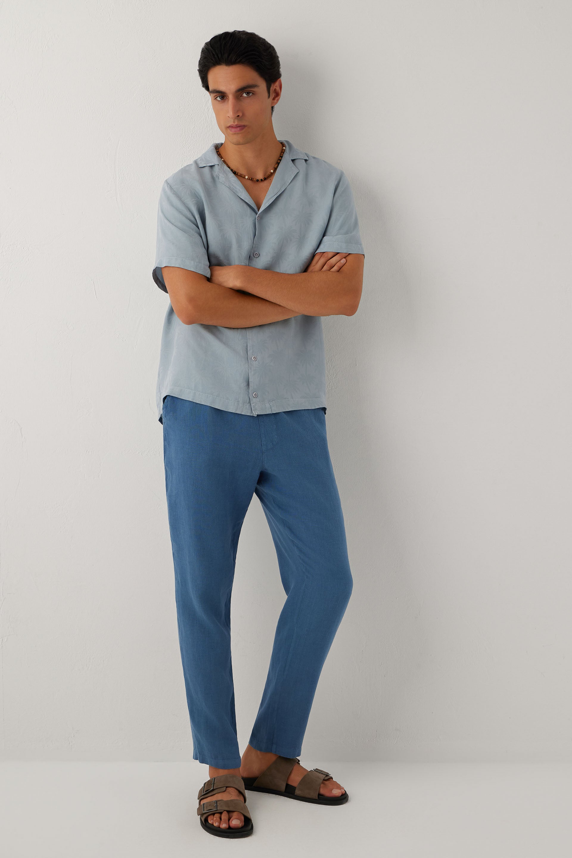 Rahat Kesim %100 Keten Erkek Pantolon #renk_Indigo