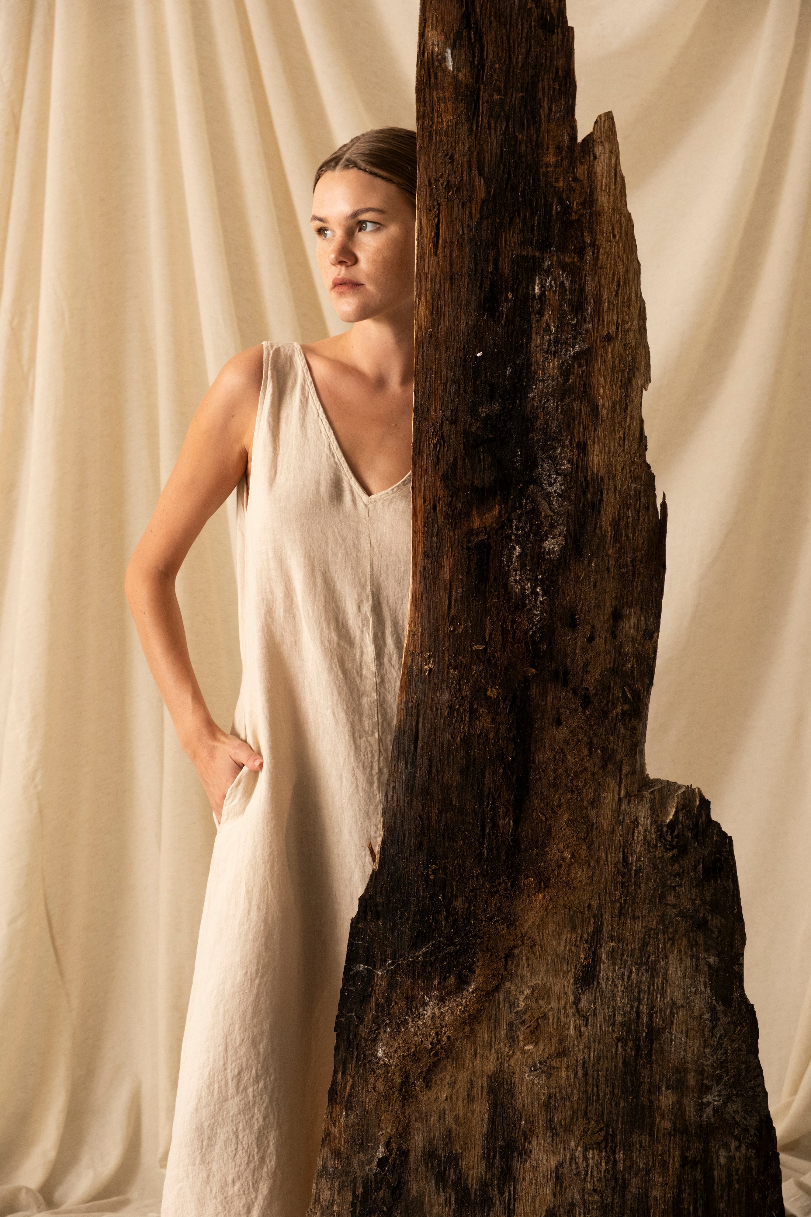V-Neck Raw Linen Dress with Slits