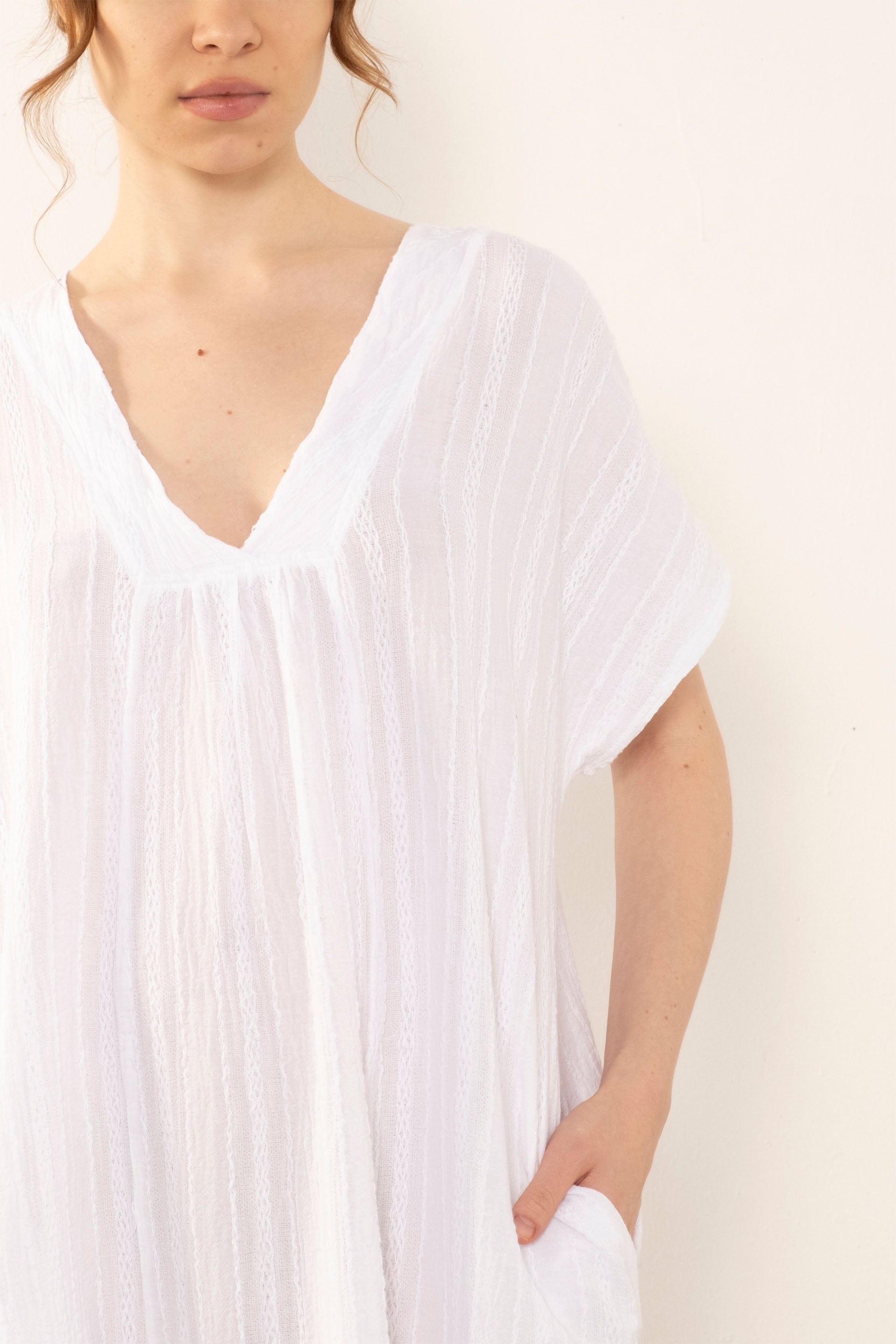 Desenli Dokuma Maxi Kaftan Elbise #Renk_ Beyaz