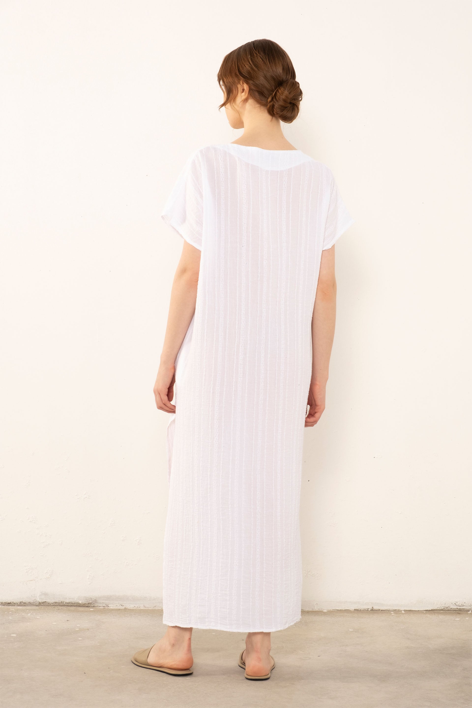 Desenli Dokuma Maxi Kaftan Elbise #Renk_ Beyaz