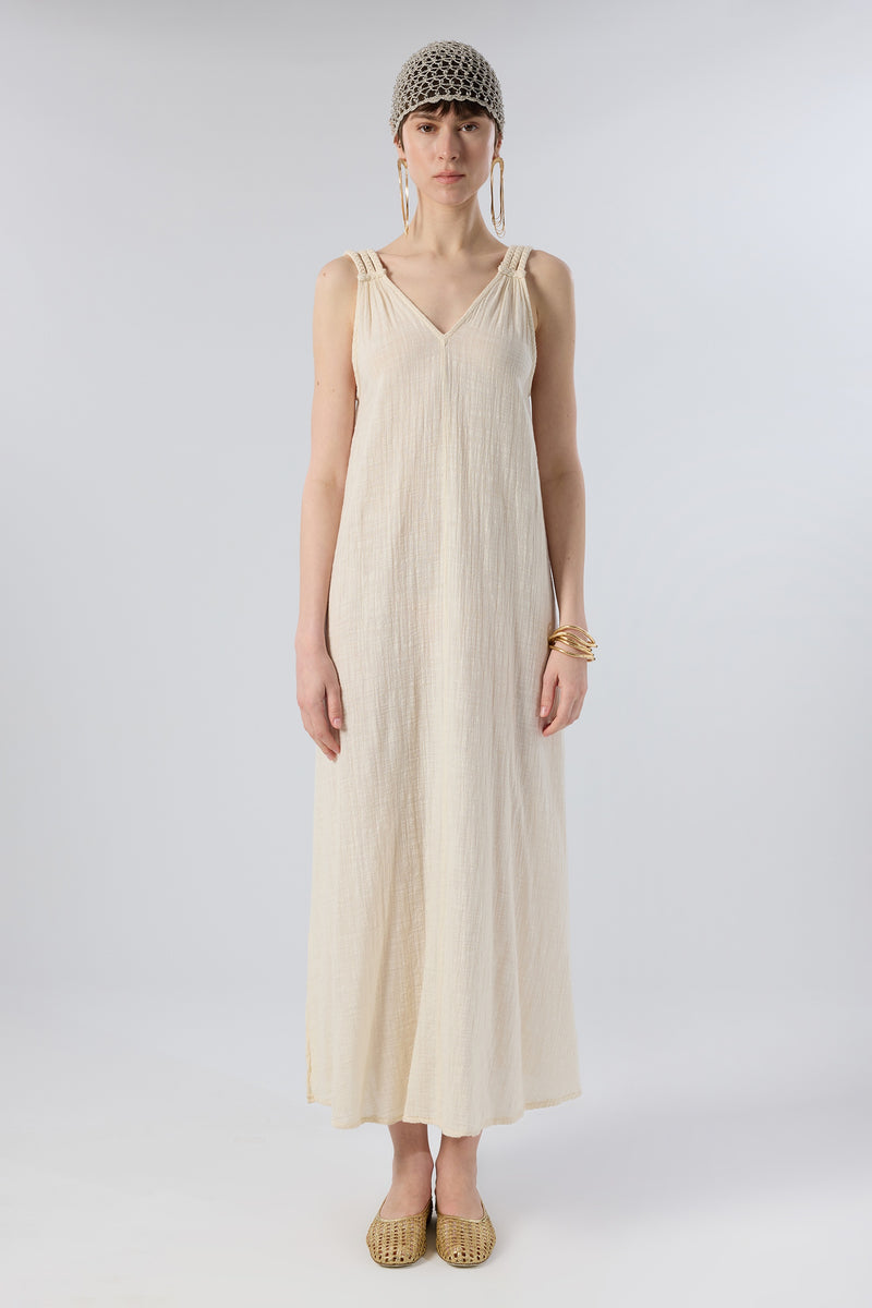Helen Model Örgü Askılı Elbise — Summer Rhythm SS26, doğal dokulu kumaş