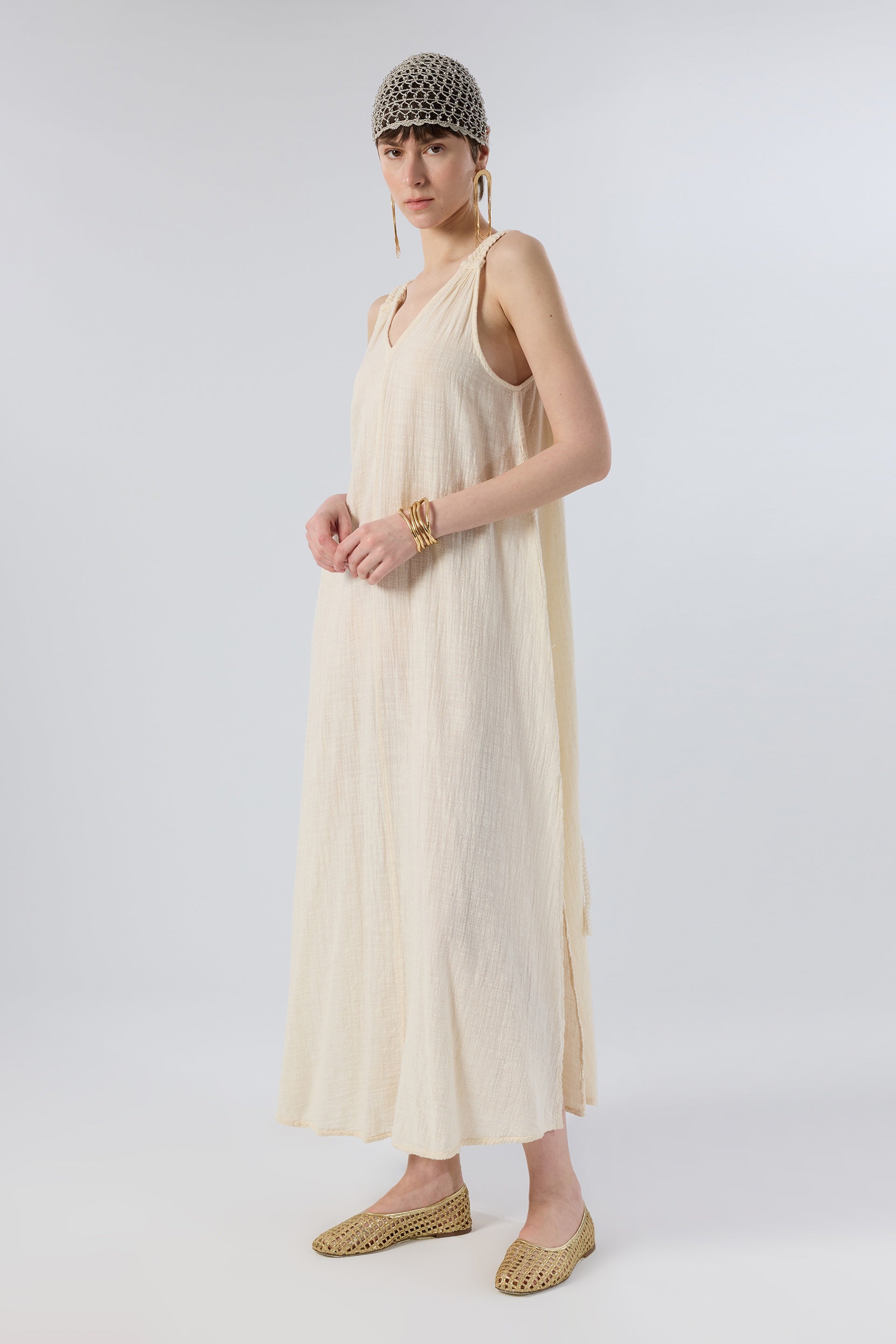 Helen Model Örgü Askılı Elbise / Doğal #renk_Doğal