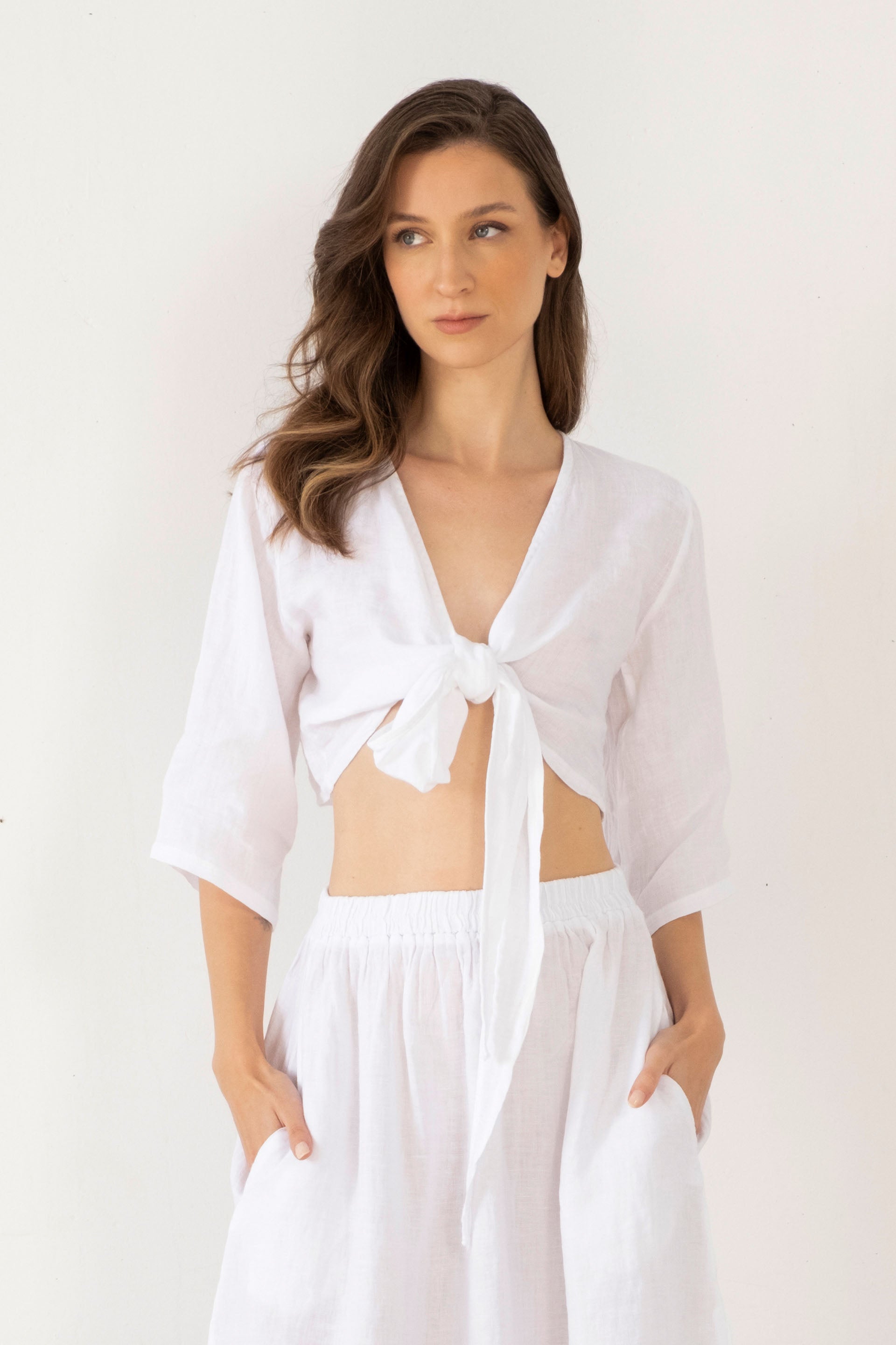 Keten Anvelop Bağlamalı Bluz / Renk #renk_Beyaz