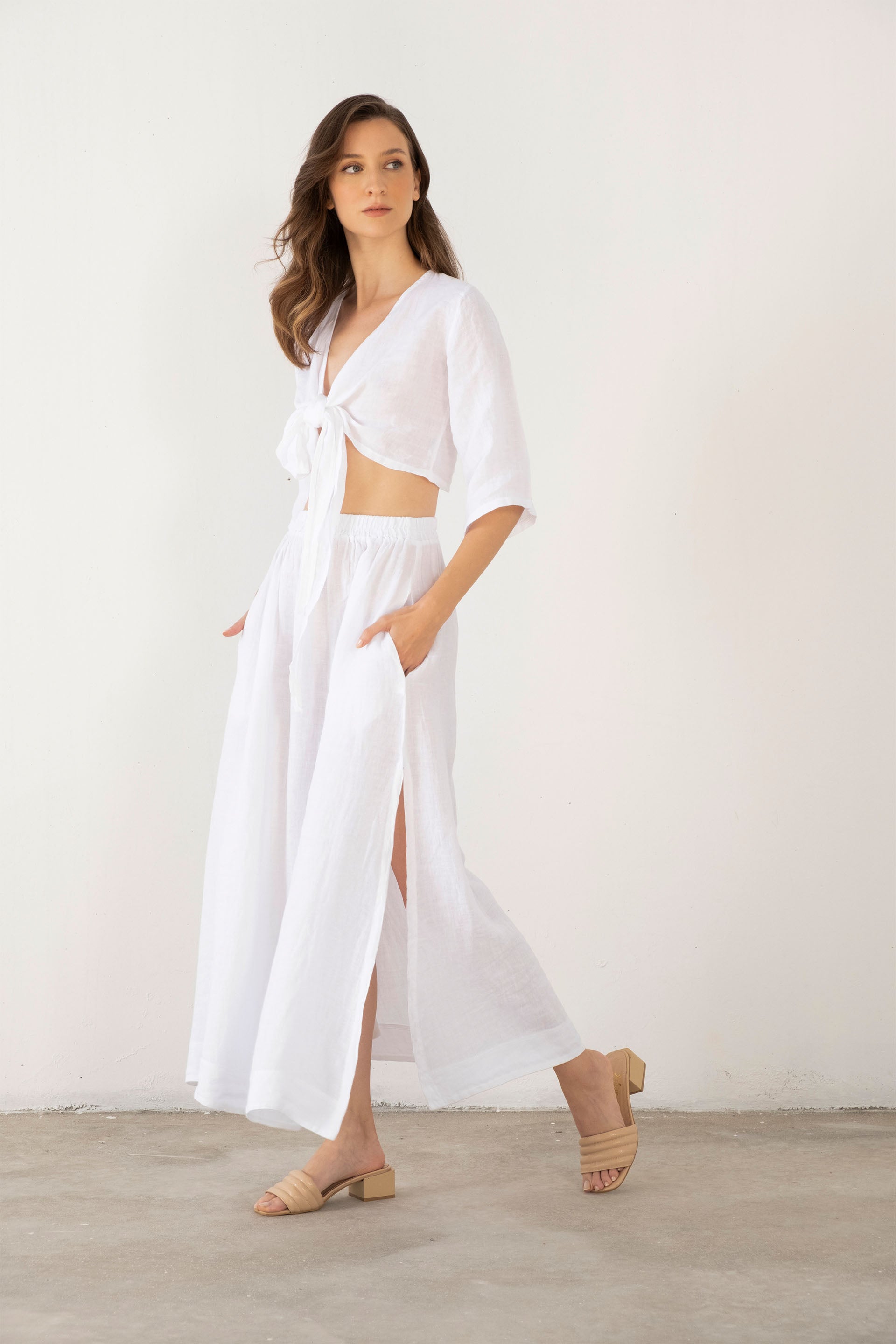 Keten Anvelop Bağlamalı Bluz / Renk #renk_Beyaz