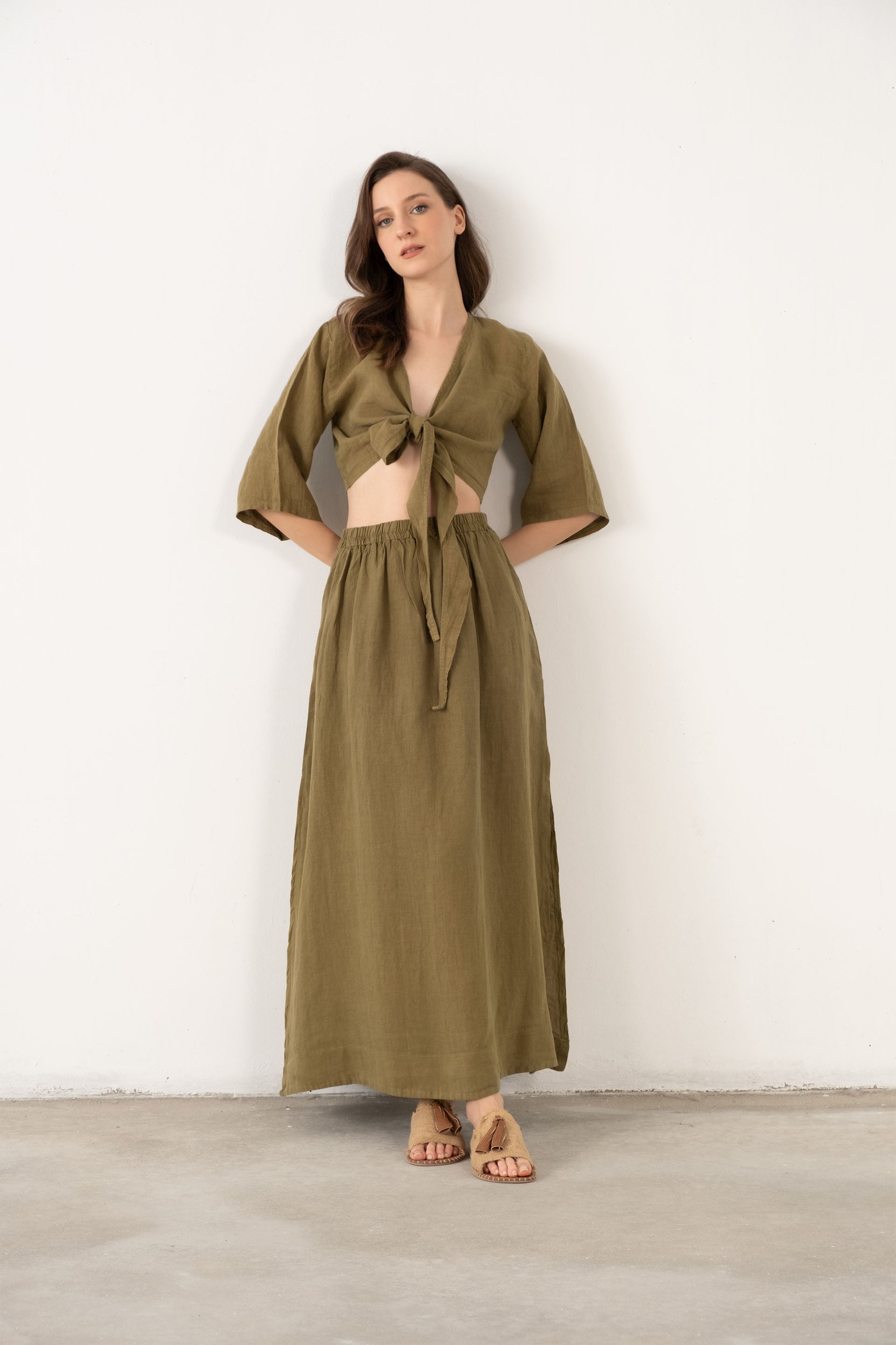 Keten Anvelop Bağlamalı Bluz / Haki #renk_Haki