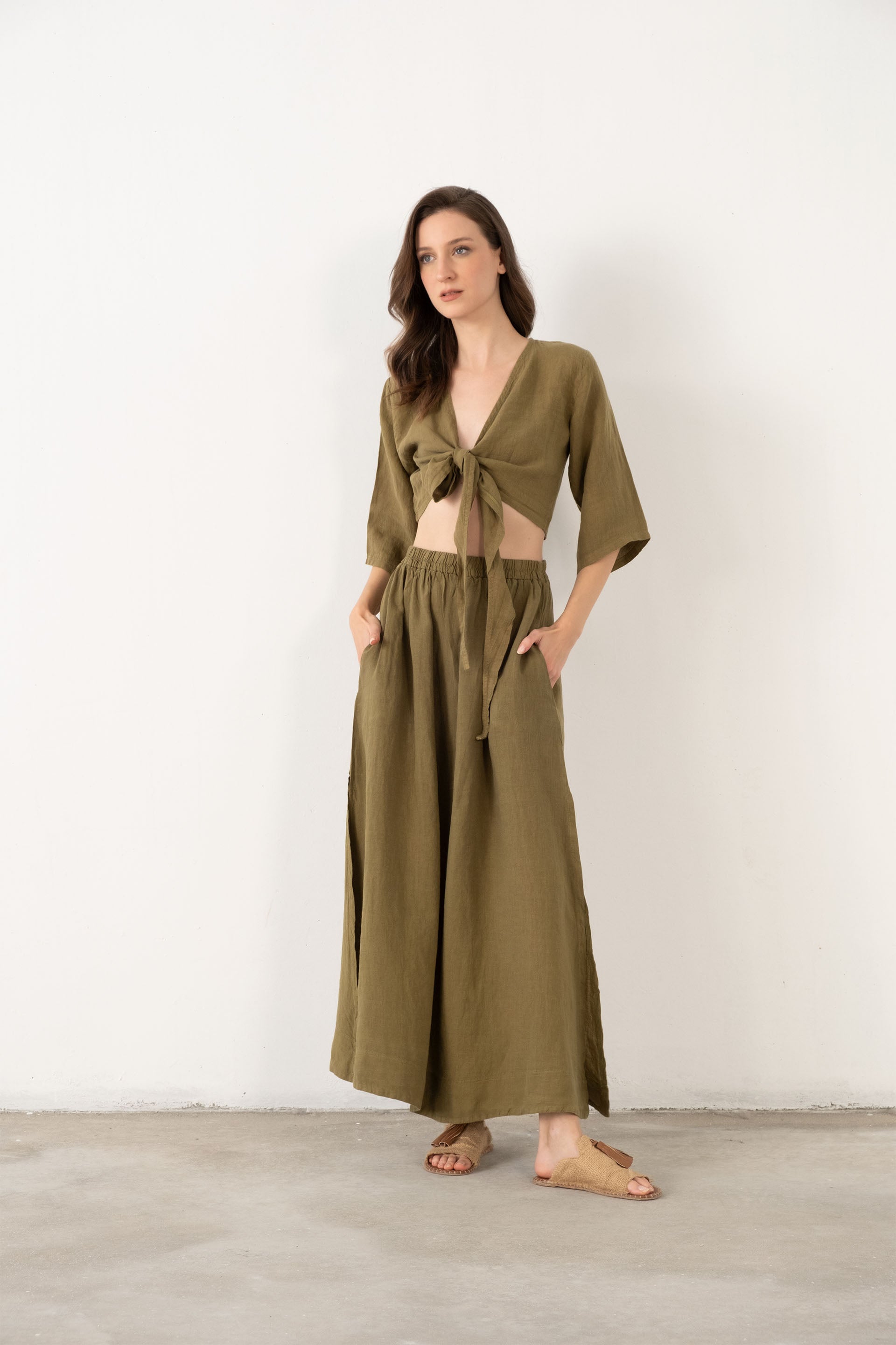 Keten Anvelop Bağlamalı Bluz / Haki #renk_Haki