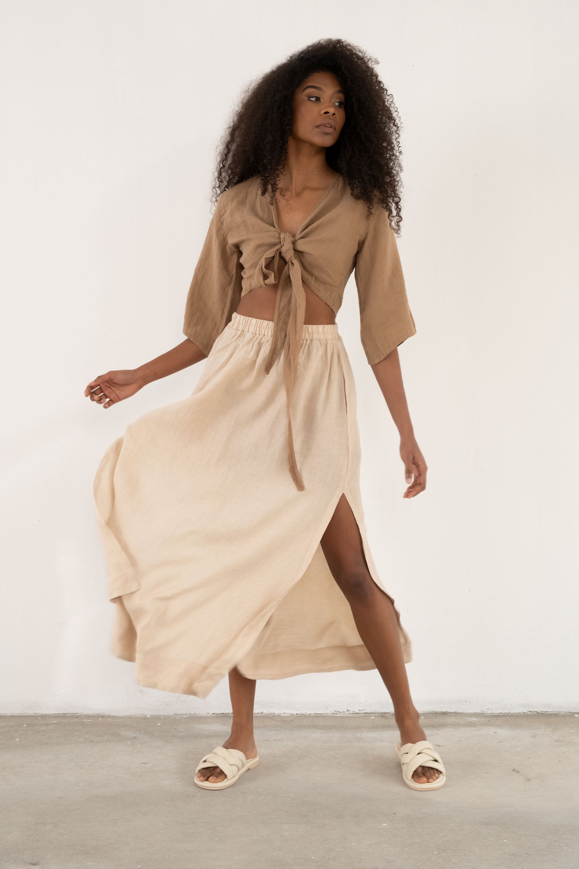 Keten Anvelop Bağlamalı Bluz / Kahve #renk_Kahve