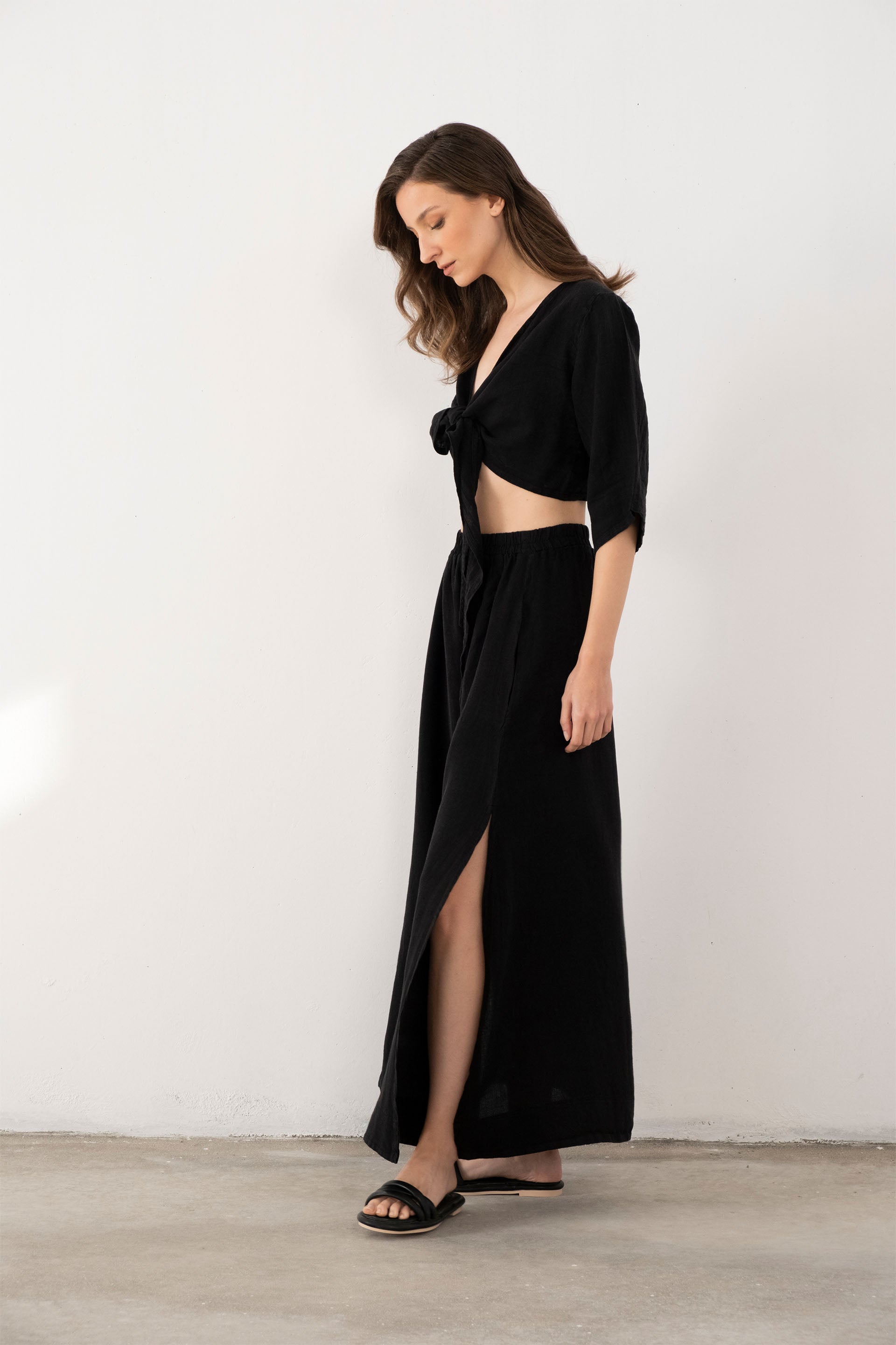 Keten Anvelop Bağlamalı Bluz / Siyah #renk_Siyah