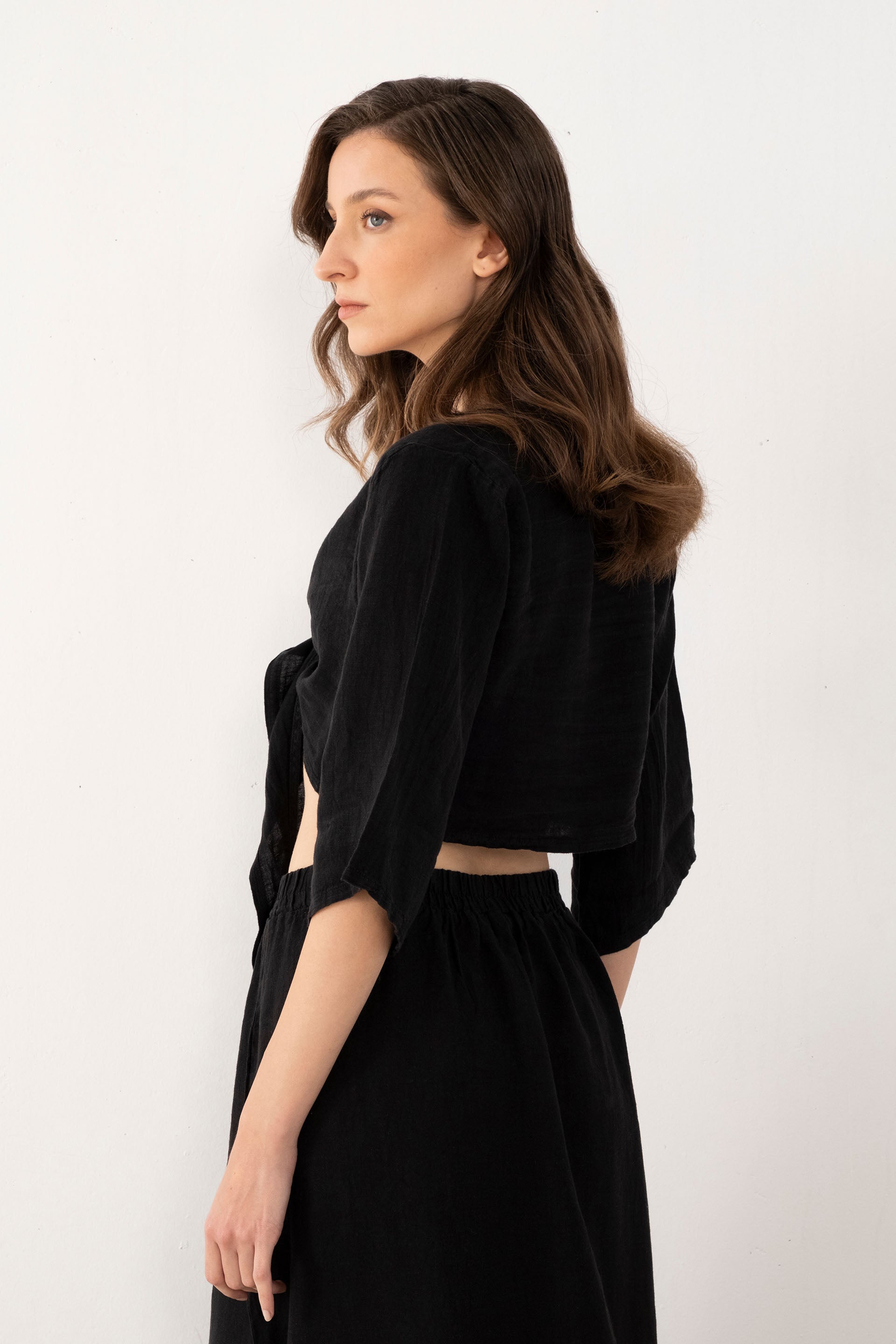 Keten Anvelop Bağlamalı Bluz / Siyah #renk_Siyah