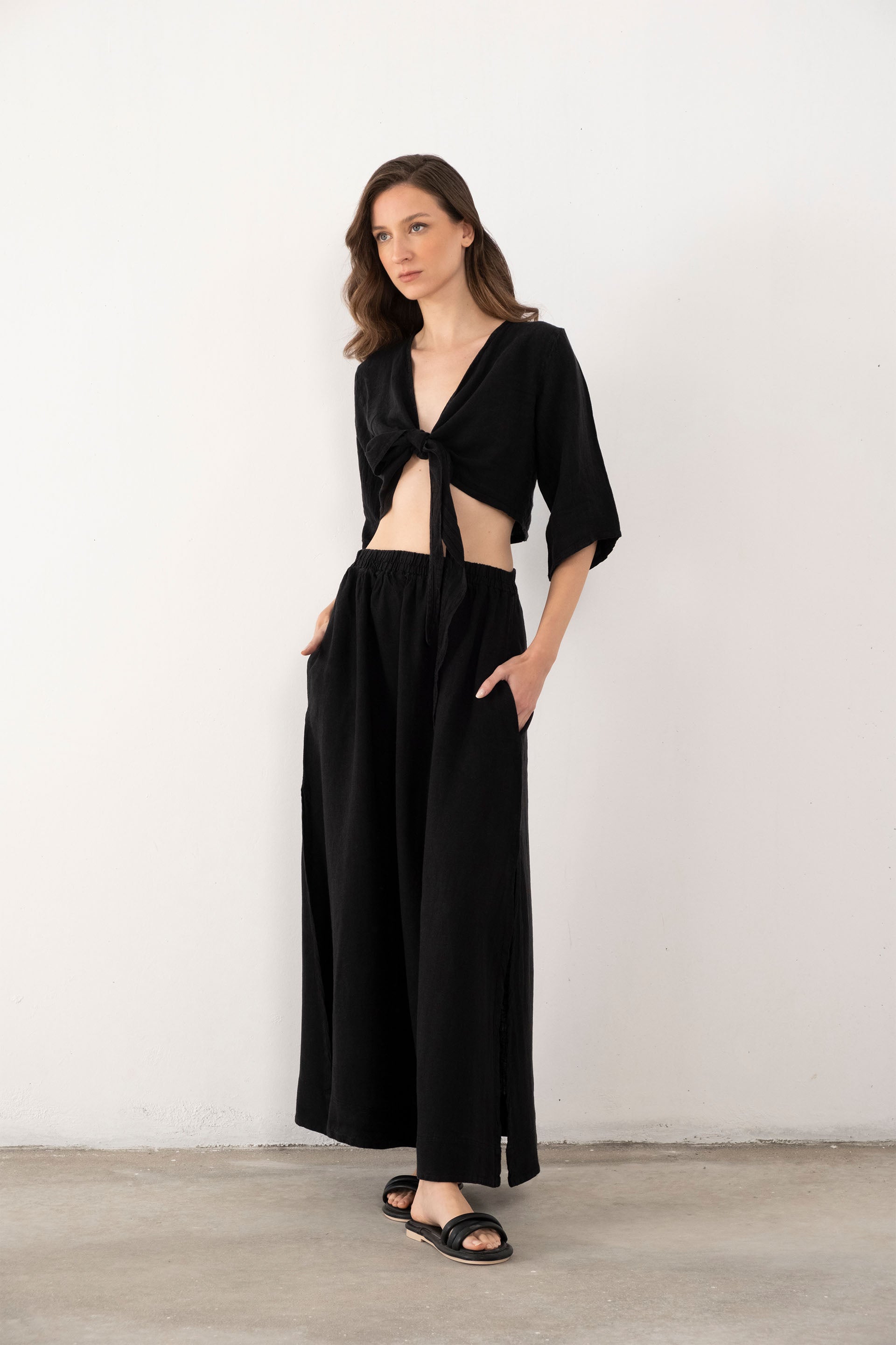 Keten Anvelop Bağlamalı Bluz / Siyah #renk_Siyah