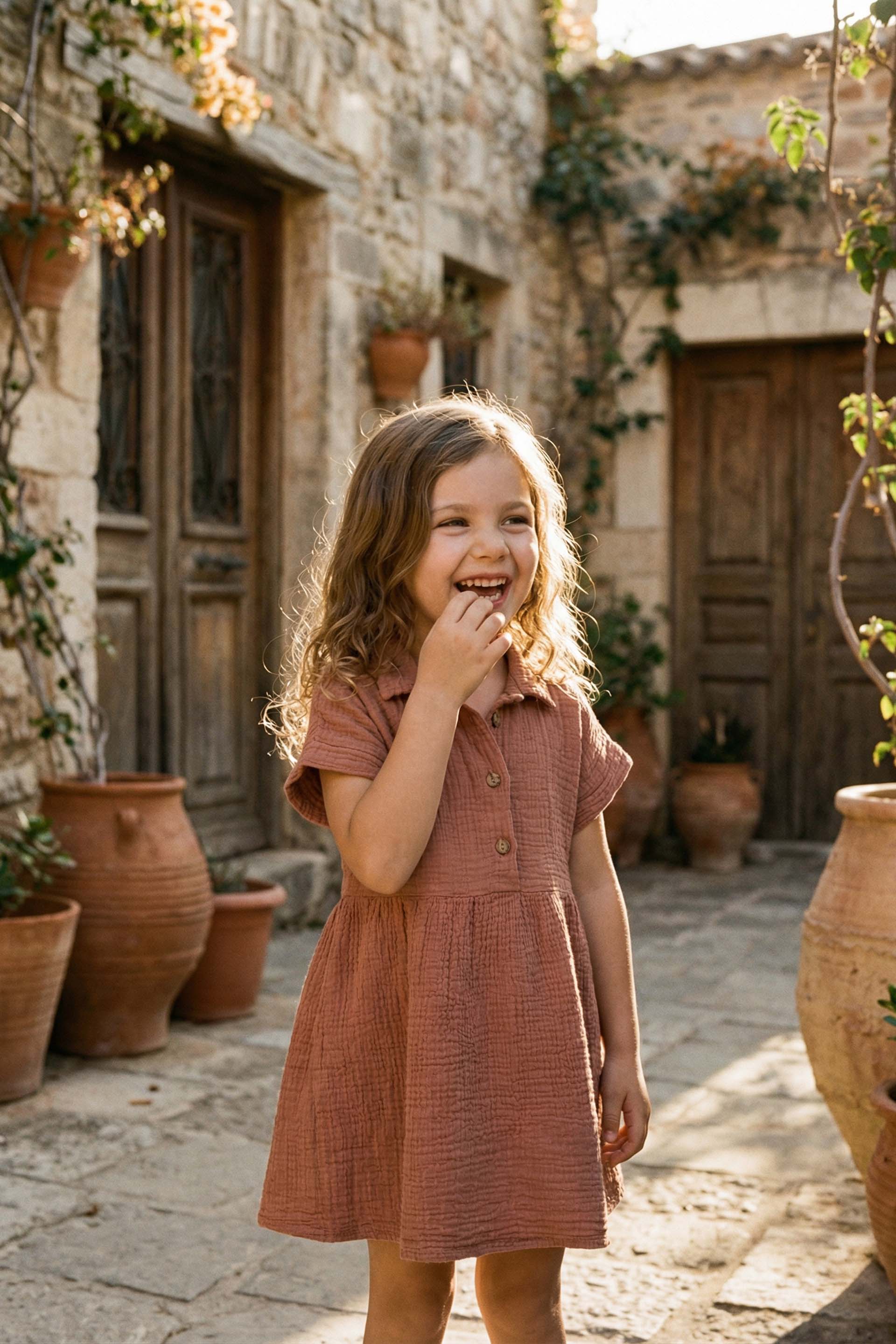 Müslin Yakalı Kız Çocuk Elbisesi #Renk_ Gül Kurusu