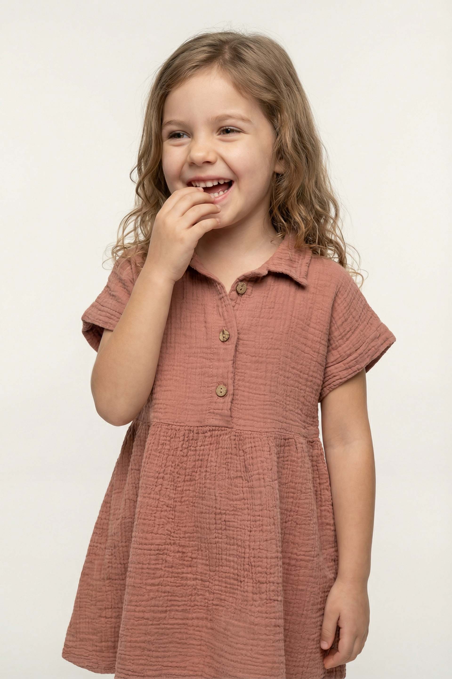 Müslin Yakalı Kız Çocuk Elbisesi #Renk_ Gül Kurusu