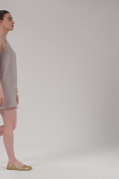 Askılı Keten Kısa Elbise #renk_Taş Gri