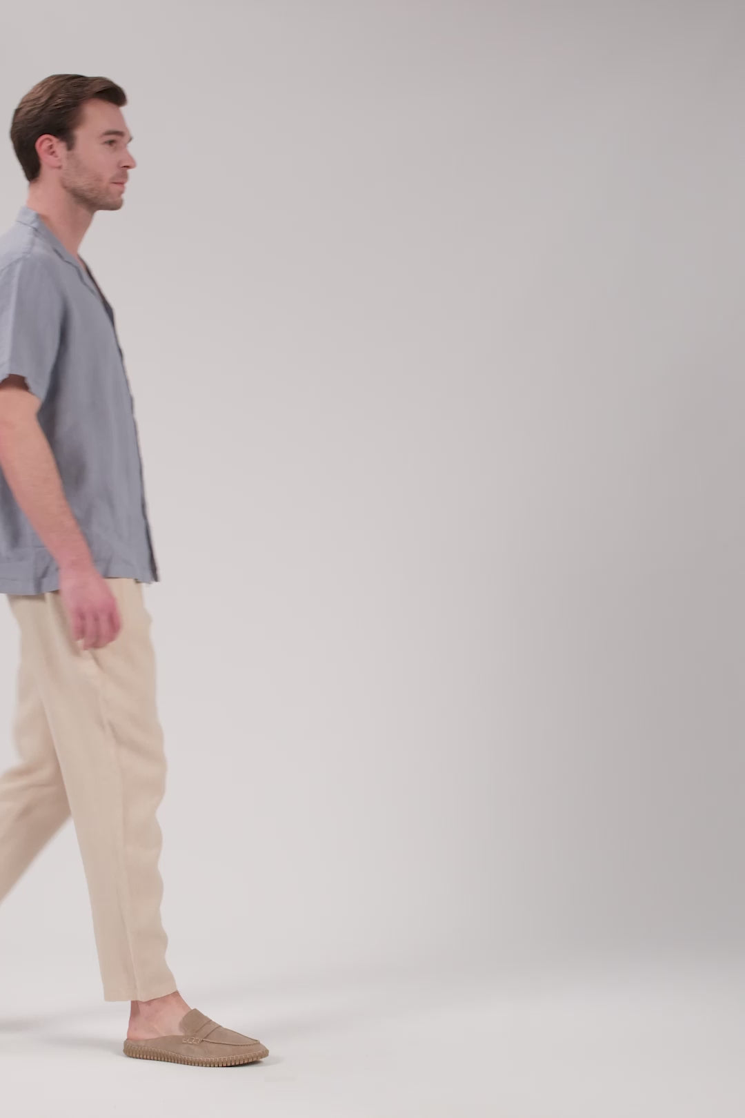 Yatık Yakalı Kısa Kollu Keten Erkek Gömlek #renk_Puslu Mavi