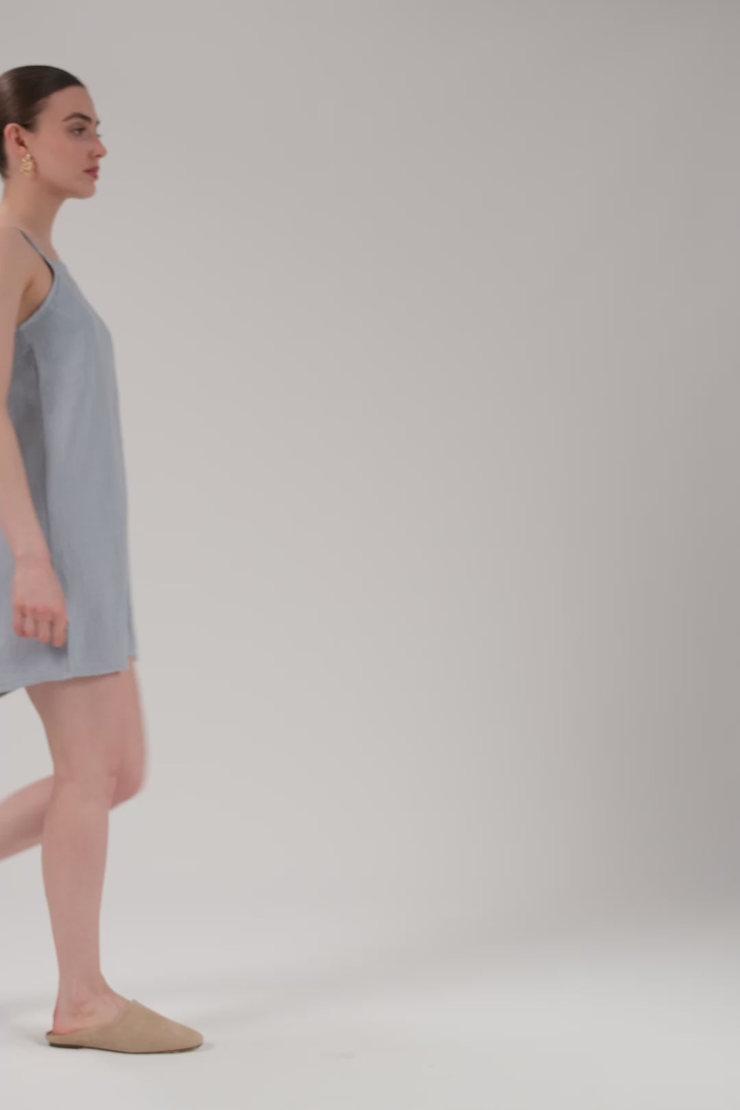 Askılı Keten Kısa Elbise #renk_Sisli Mavi