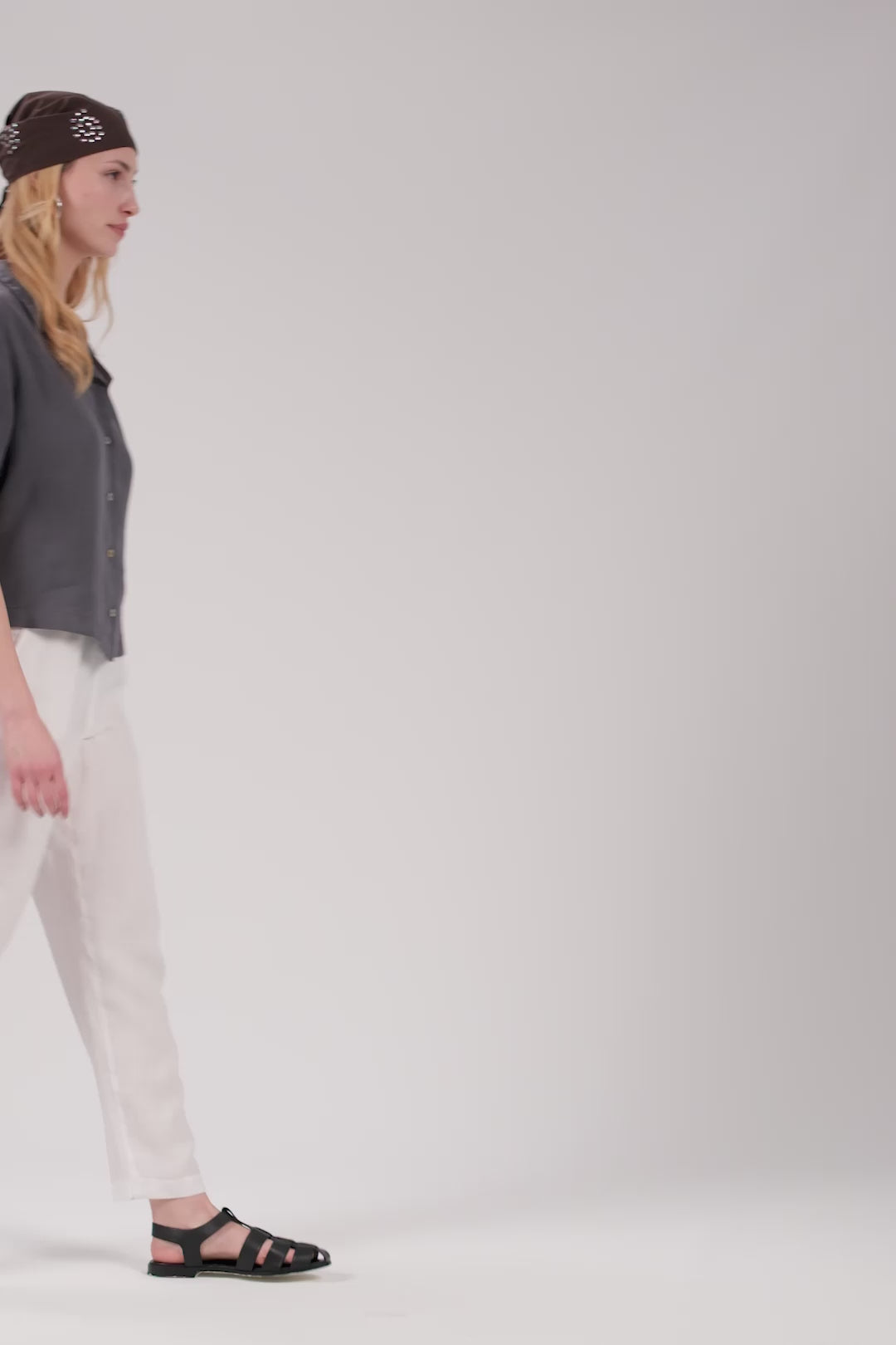 Yatık Yakalı Kısa Kollu Keten Kadın Gömlek #renk_Antrasit