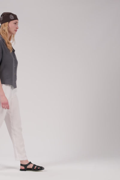 Yatık Yakalı Kısa Kollu Keten Kadın Gömlek #renk_Antrasit