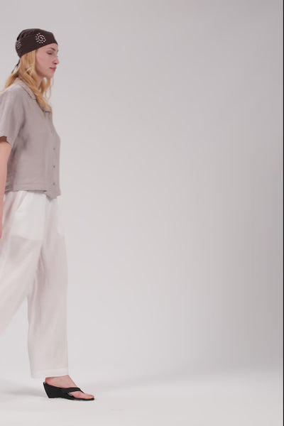 Yatık Yakalı Kısa Kollu Keten Kadın Gömlek #renk_Taş Gri