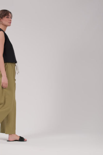 Flamlı Dokulu Pamuk Palazzo Pantolon #renk_Haki