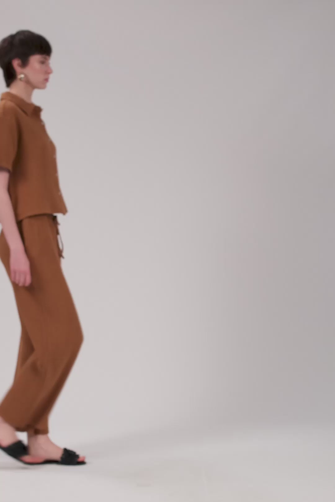 Kenevir Müslin Elastik Belli Bağcıklı Palazzo Kadın Pantolon ve Gömlek #renk_Terra Cotta