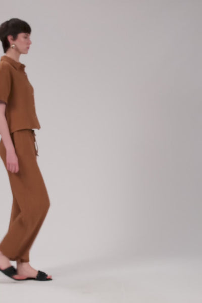 Kenevir Müslin Elastik Belli Bağcıklı Palazzo Kadın Pantolon ve Gömlek #renk_Terra Cotta