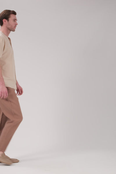 Yatık Yakalı Kısa Kollu Keten Erkek Gömlek #renk_Bej