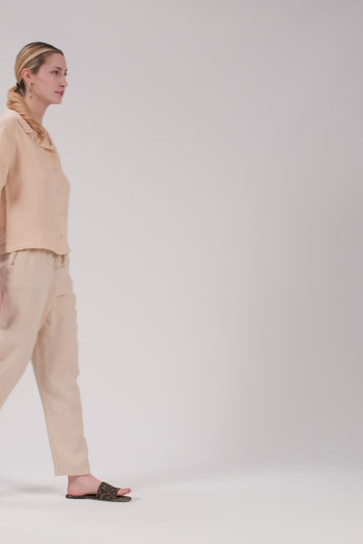 Yatık Yakalı Kısa Kollu Keten Kadın Gömlek #renk_Bej