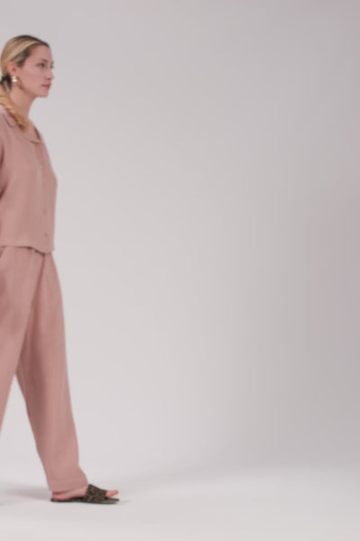 Yatık Yakalı Kısa Kollu Keten Kadın Gömlek #renk_Toprak Beji