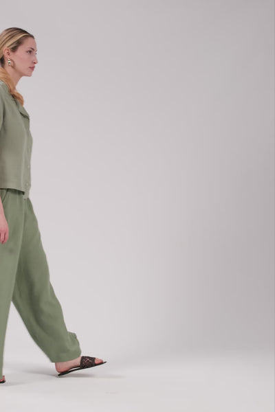 Yatık Yakalı Kısa Kollu Keten Kadın Gömlek #renk_Yosun Yeşili