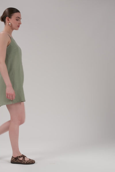 Askılı Keten Kısa Elbise #renk_Yosun Yeşili