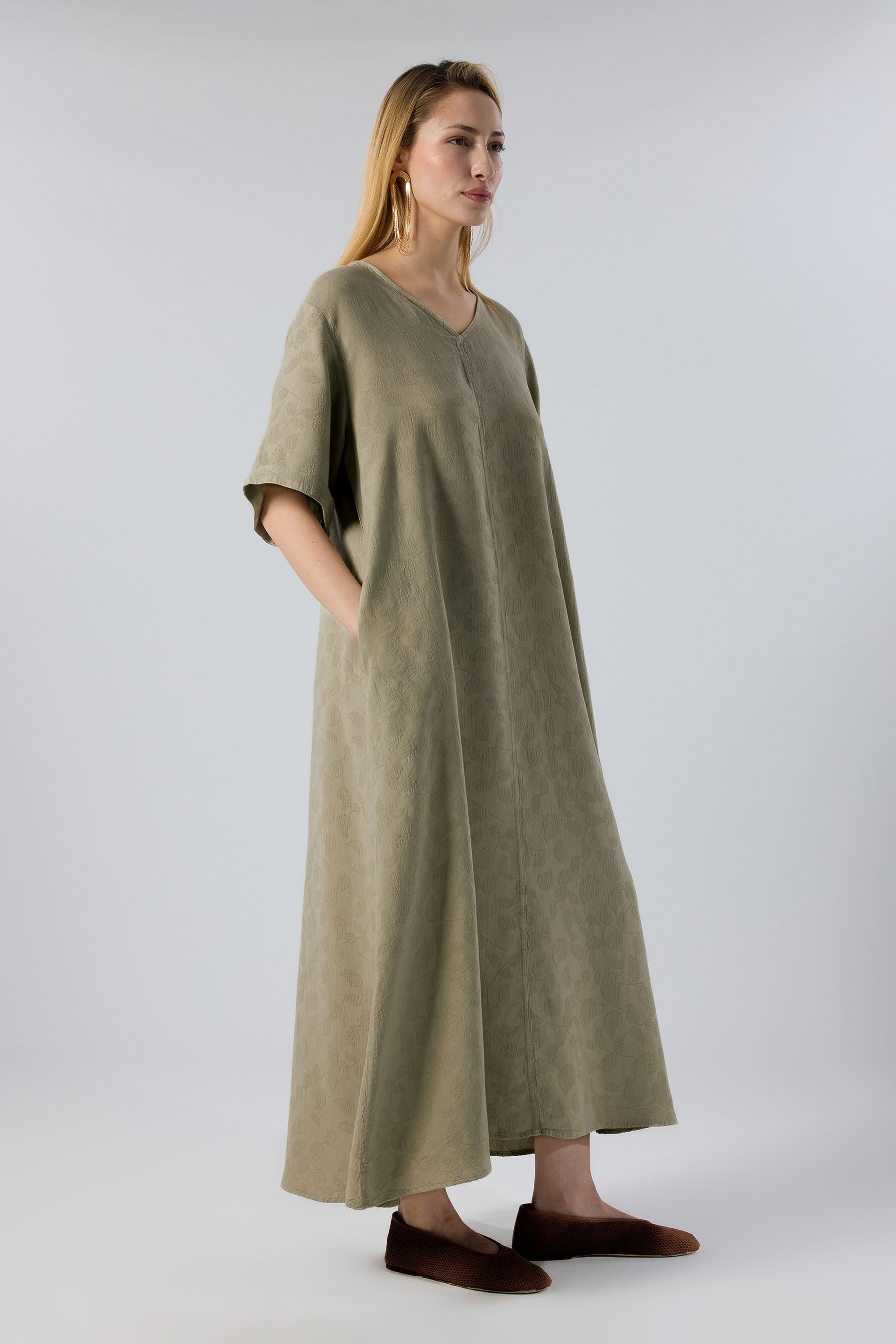 Woven Flora Dokulu Tensel Çan Elbise #renk_Olive