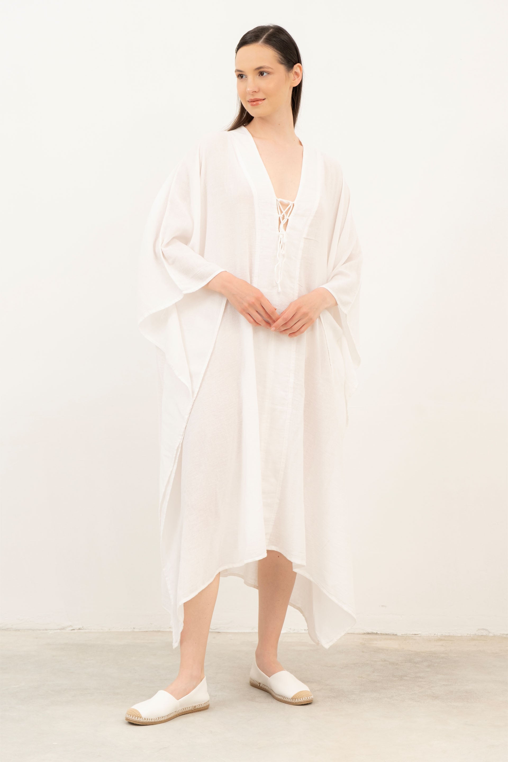 V Yaka Maxi Kaftan Elbise #Renk_ Beyaz