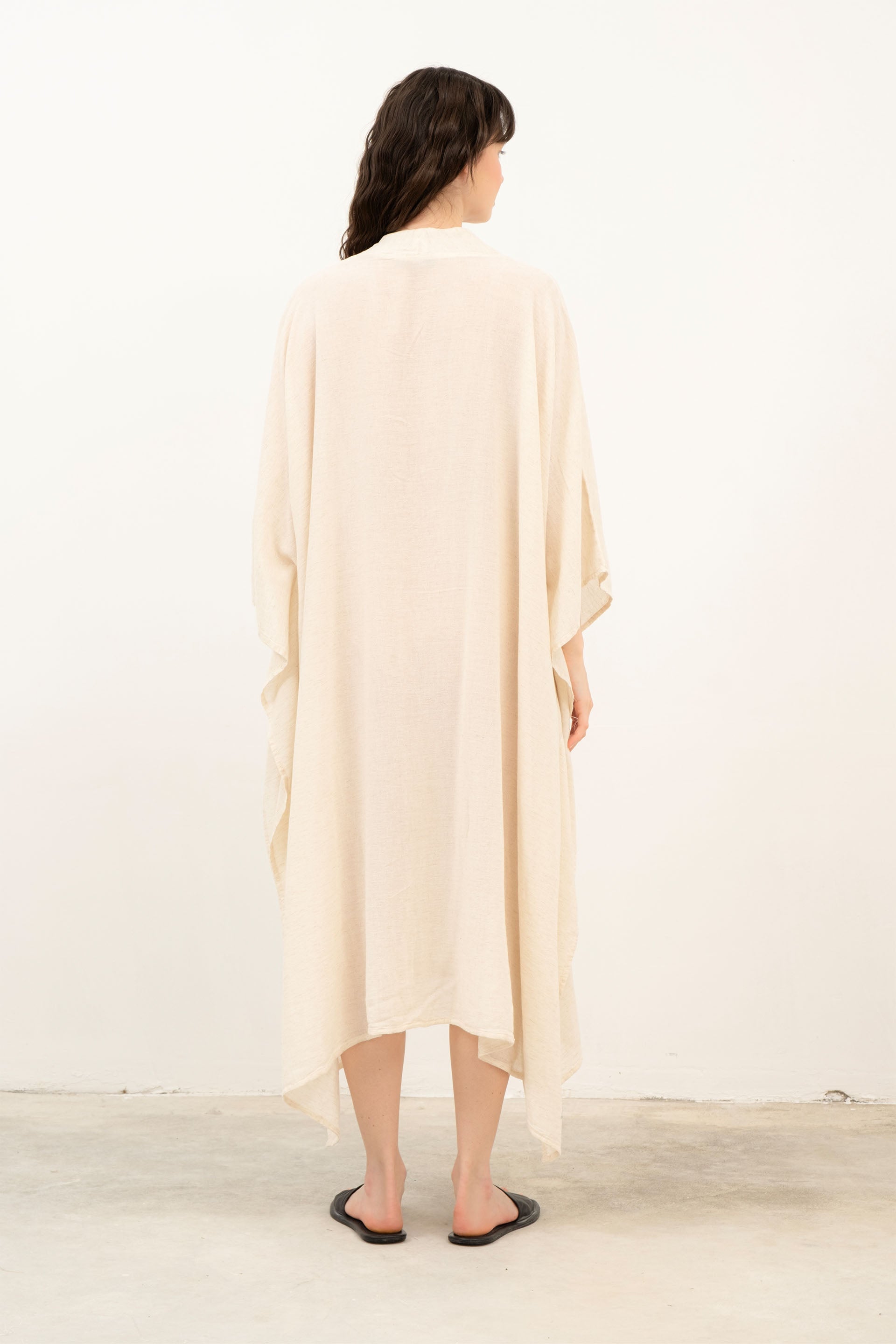 V Yaka Maxi Kaftan Elbise #Renk_ Doğal