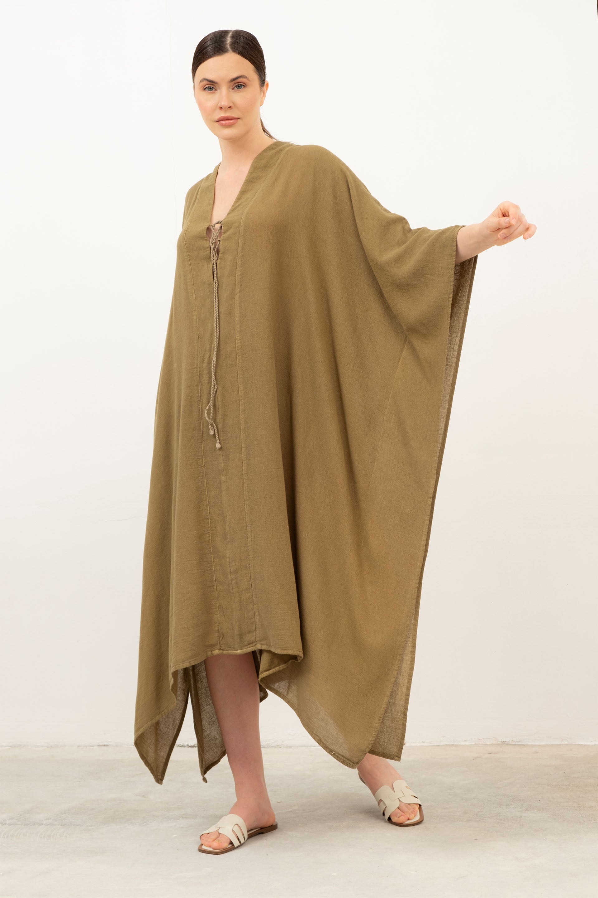 V Yaka Maxi Kaftan Elbise #Renk_ Haki