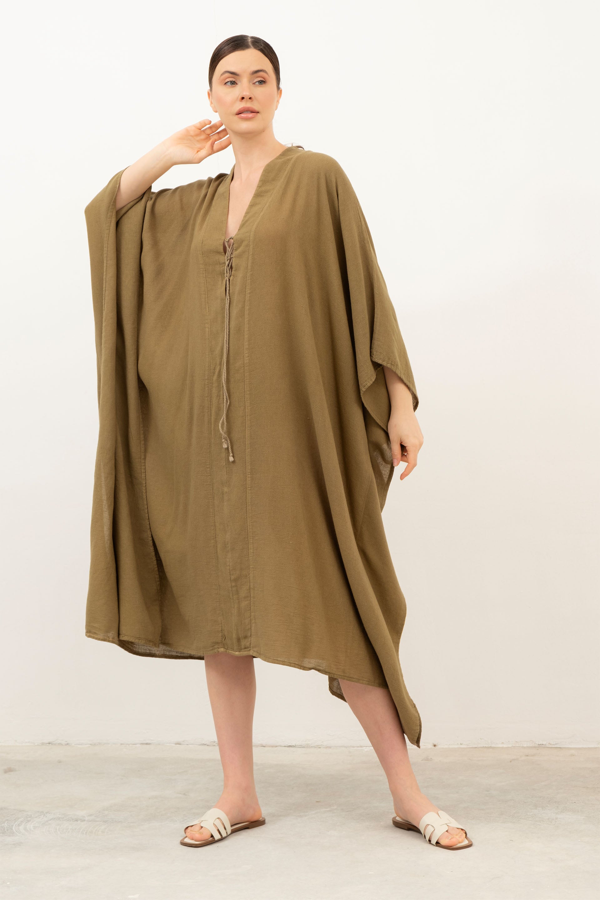 V Yaka Maxi Kaftan Elbise #Renk_ Haki