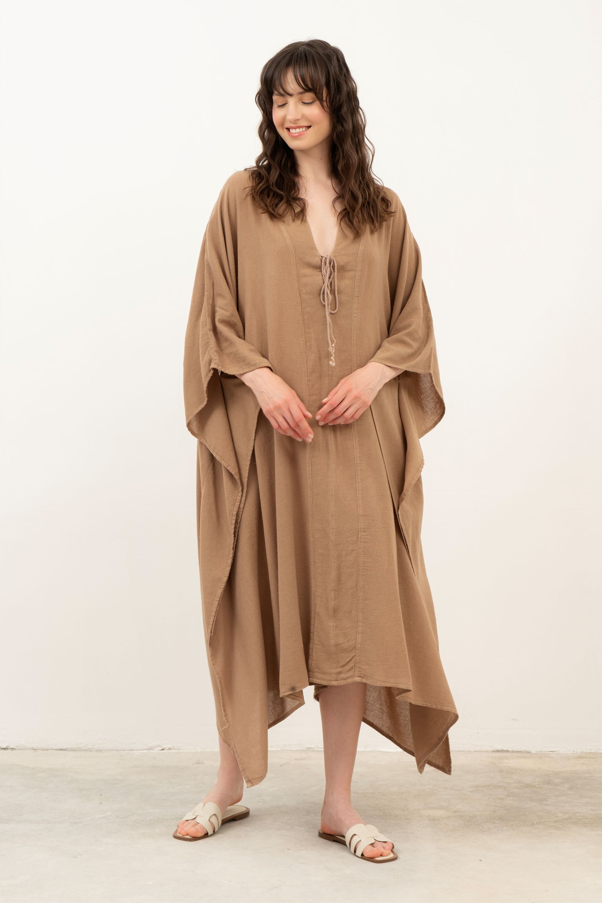 V Yaka Maxi Kaftan Elbise #renk_Kahve